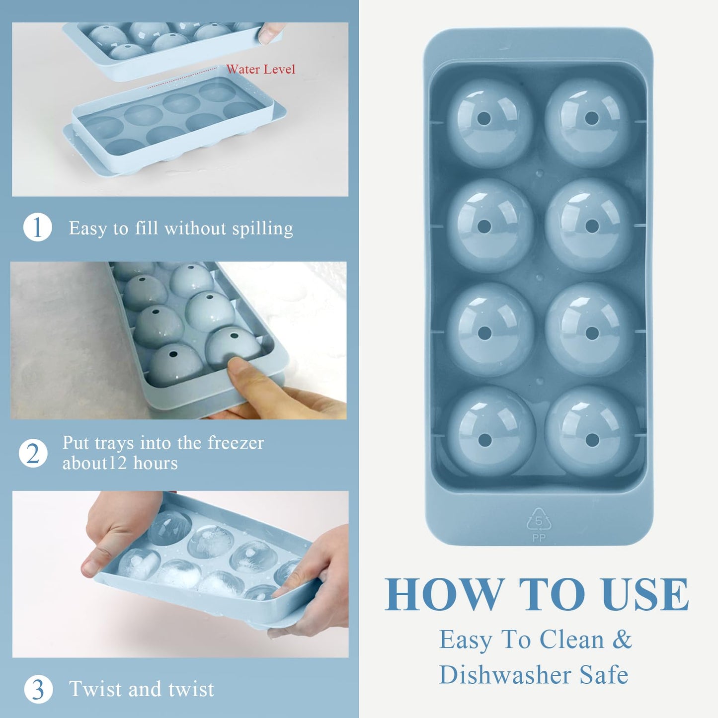 AIBIRUI Round Ice Cube Mold,8 PCS x 1.8 in Whiskey Ice Cubes,Circle Ice Cube Tray with Lid,Large Ice Ball Maker Mold Sphere Ice Cube,Large Ice Cube Molds for Cocktails,Coffee(Round Ice Cube Mold,Blue)