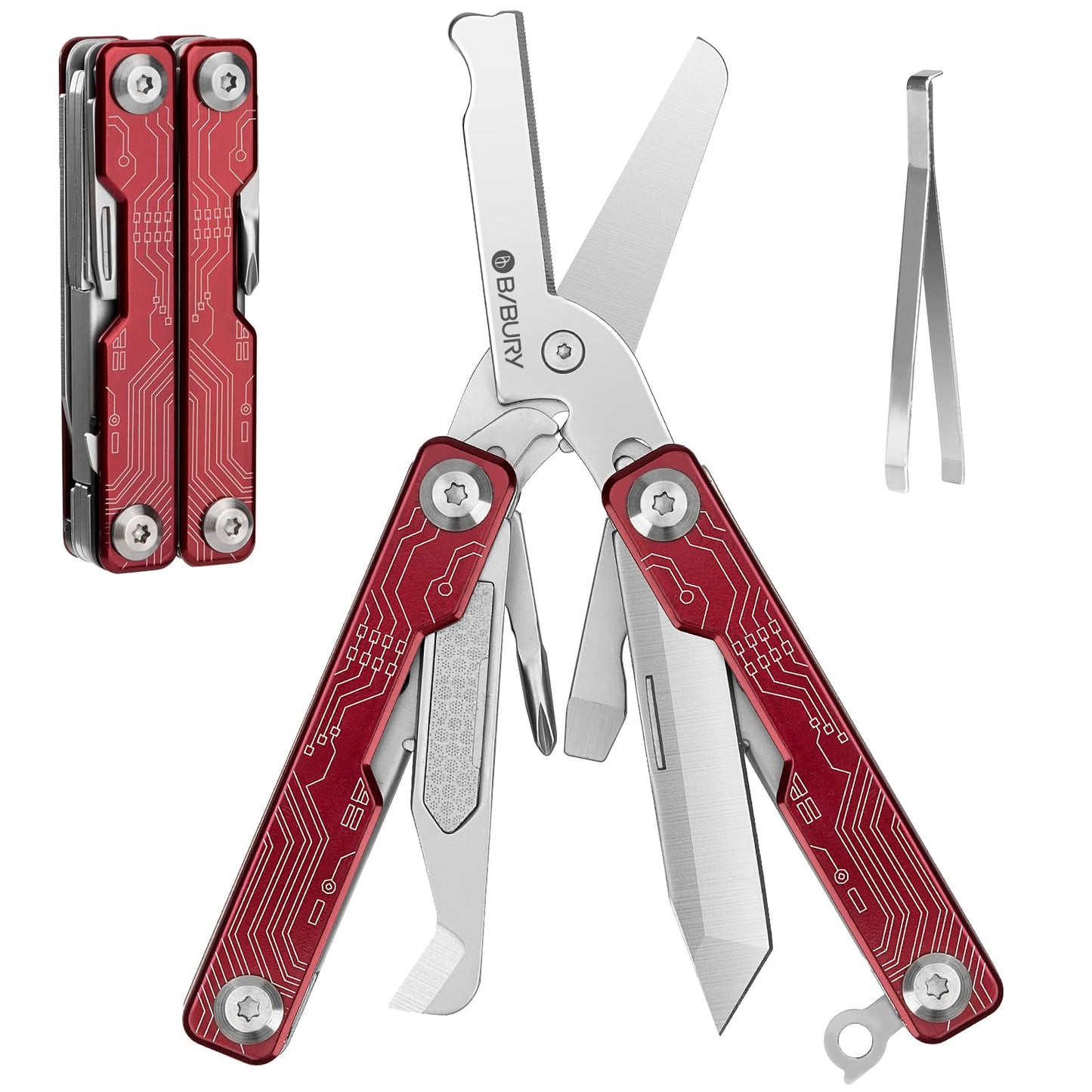 BIBURY Mini Keychain Multitool Scissors BI2061R, 9 in 1 Multitool EDC Scissors with Screwdriver, Bottle Opener, Pocket Knife, Spring -Mini Multi Tool for Outdoor, Daily Use, Gifts for Men and Women