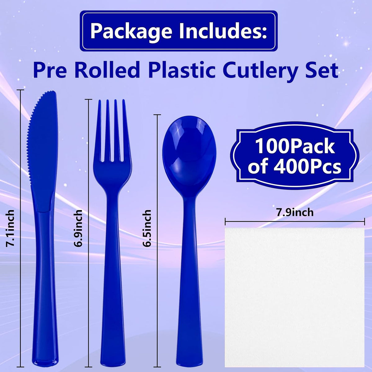 400PCS Pre Rolled Blue Plastic Silverware Sets - Heavy Duty Blue Cutlery - Include 100 Pack Wrapped Disposable Utensils with Napkins for Parties & Dinners & Weddings