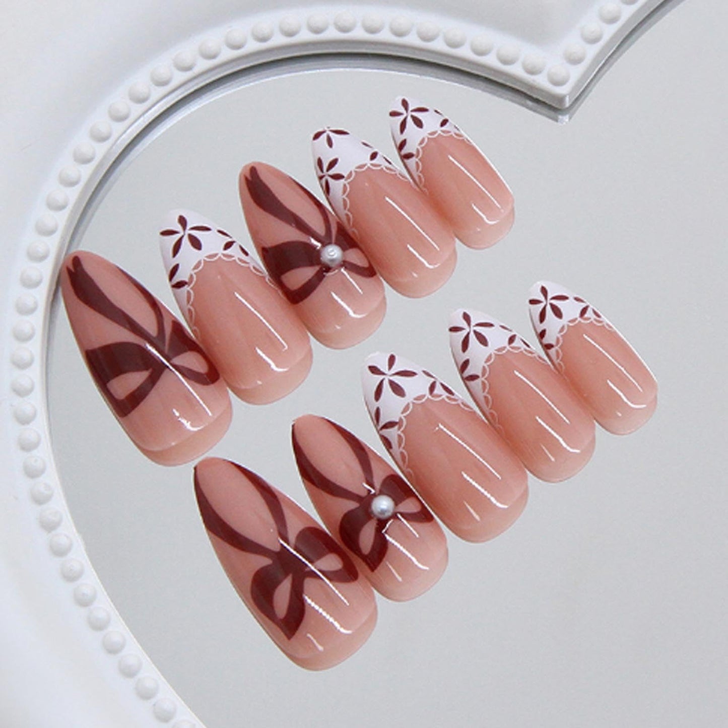 Hkanlre Ballet Press on Nails Almond Full Cover False Nails Red Bow Fake French Nails Medium for Women 24PCS