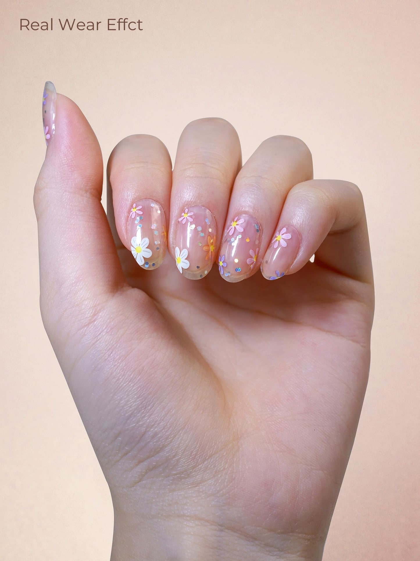 Beaolata Real Gel Nail Strips (No UV Light Needed) - 44Pcs Salon Quality Nail Stickers - Long Lasting Polish Wraps for Women, Easy Apply & Remove (Flower Sliver)
