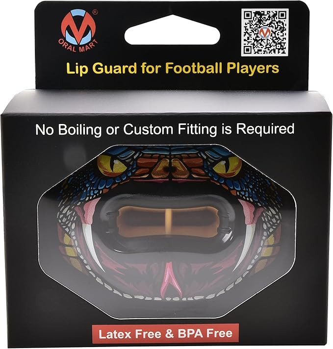 Oral Mart Flag Football Mouth Guard with 3D LipFit Design for Kids - Youth Tackle Football Mouthguard (No Boil) Cool Instant Fit Lip Guard Mouthpiece for Braces (Detachable Helmet Strap Included)