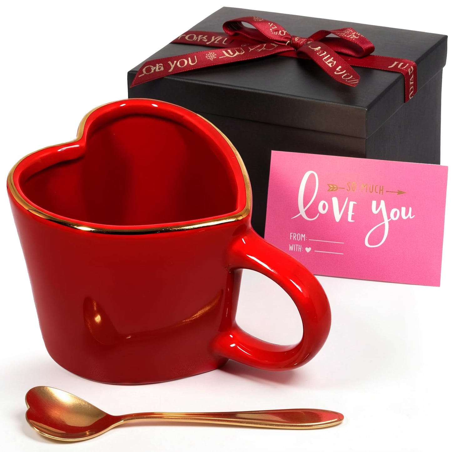 Heart Mug with Gold Heart Spoon, gift box and Gift Message Card – Romantic Stoneware Coffee Cup, 15.5oz, Holiday Drinkware, Valentine, Birthday, Couples, Her, Boyfriend, Girlfriend (Gift Box)