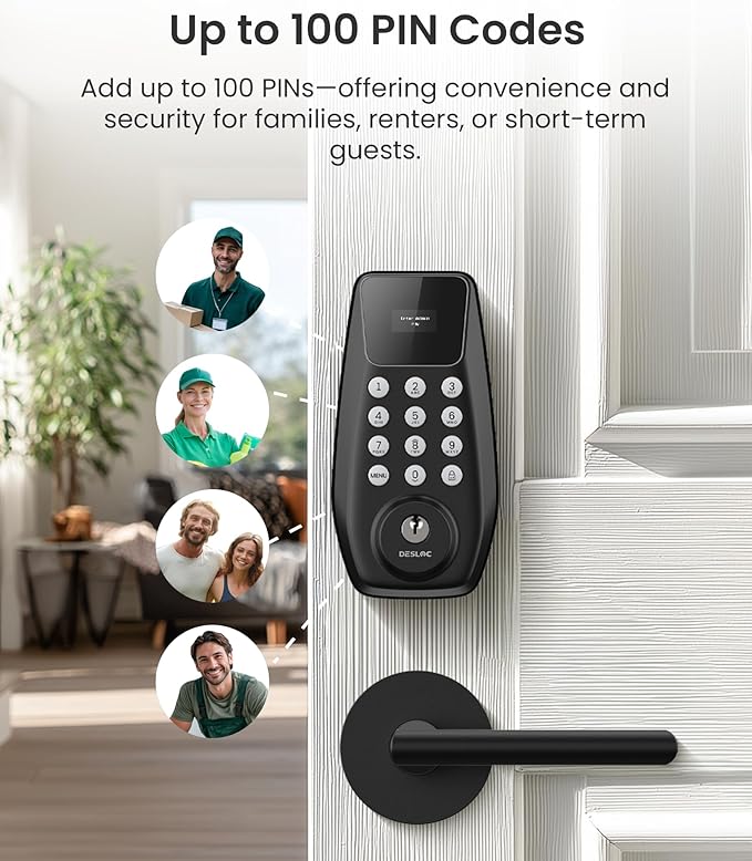 DESLOC C100 Keyless Entry Door Lock with Keypad, Smart Deadbolt Lock for Front Door with 2 Keys, Auto Lock, Easy Installation, 100 PIN Codes, IP54 Waterproof, BHMA Grade 3, Black