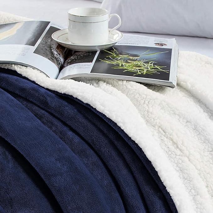 IR Imperial Rooms Sherpa Blankets Queen Size - Thick and Warm Blankets for Winter, Reversible Soft and Fuzzy Fluffy Queen Size Blanket for Bed, Navy, 90x90 Inches