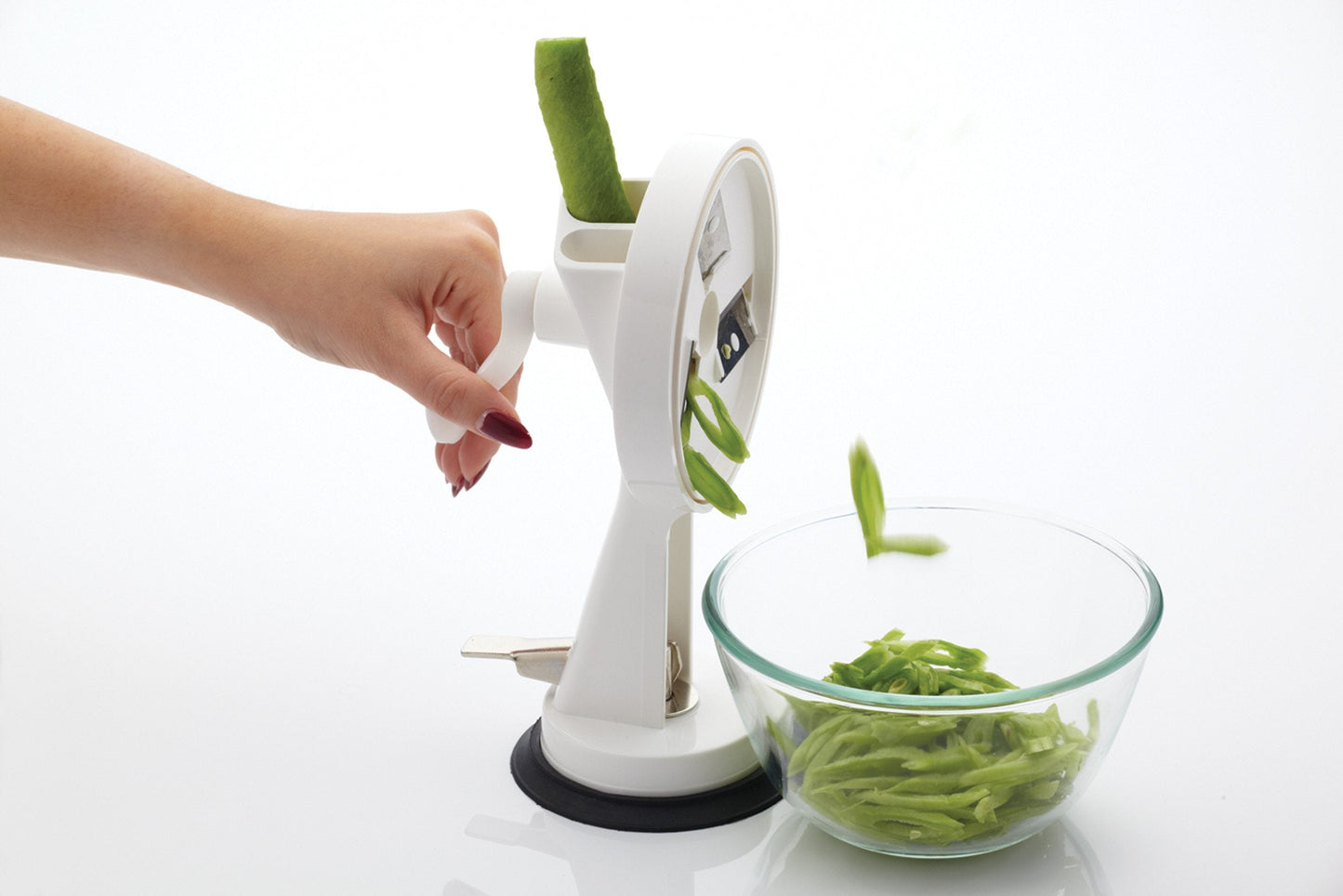 KitchenCraft Rotary Runner Bean Slicer 23cm with Suction Pad in Gift Box, Stainless Steel & plastic, White/Black
