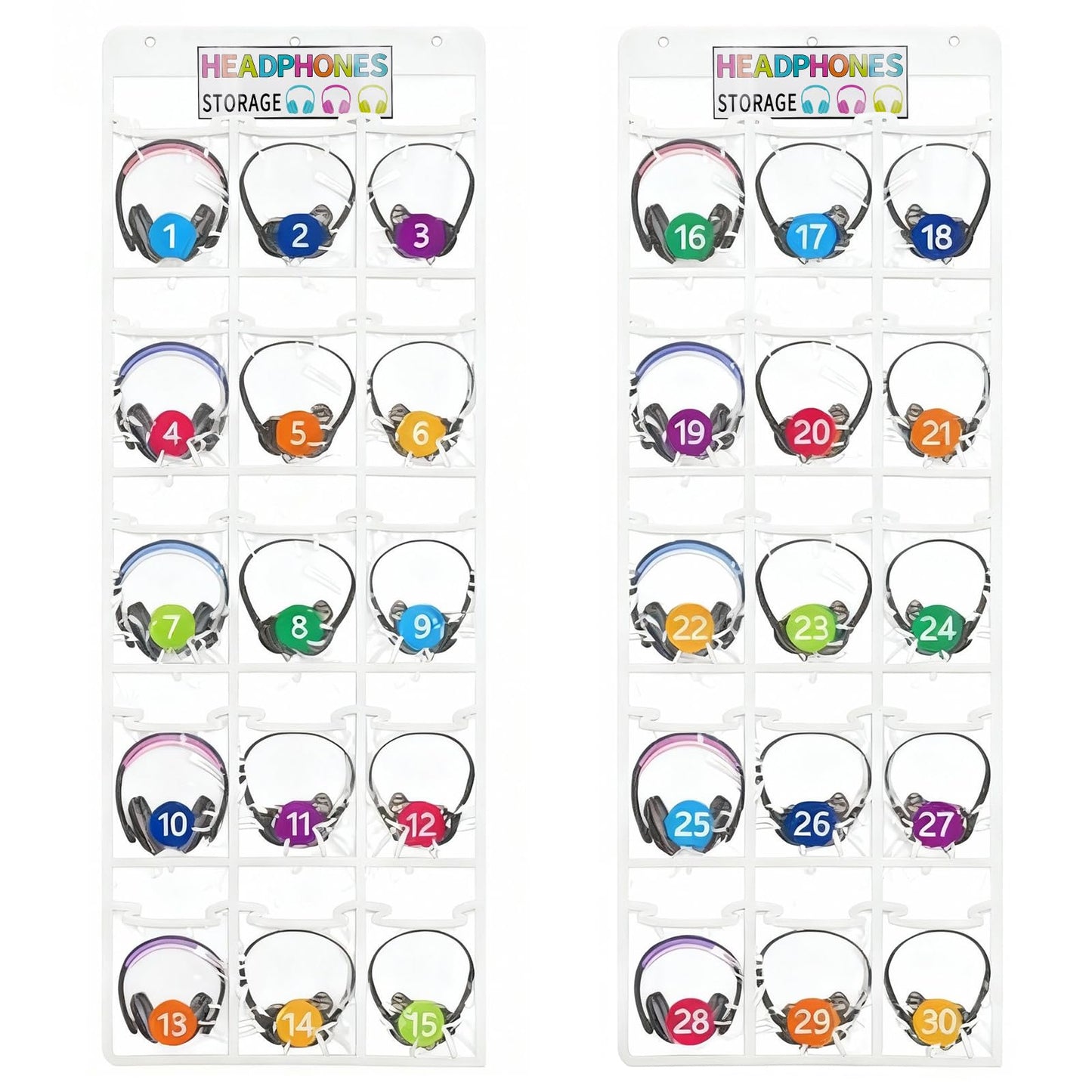 Bifrgmy 2 Pack Clear PVC Classroom Headphone Storage Organizer - 30 Pocket Over-the-Door Hanging Holder Bag for Headphones/Cell Phones, Includes 62 Labels