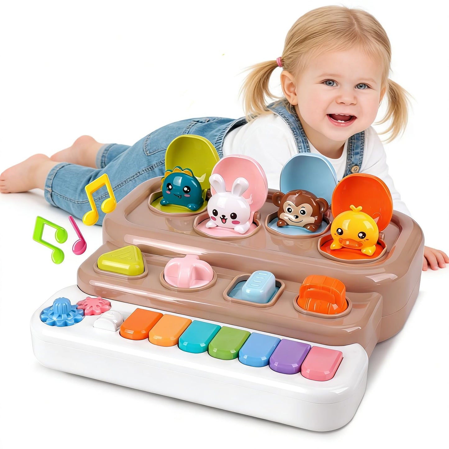 LESSETI Pop Up Music Toy with Piano Keyboard - Interactive Cause and Effect Animal Game for 1-3 Year Olds, STEM Learning Educational Baby Toy with Music & Lights for Toddlers 6-12 Months