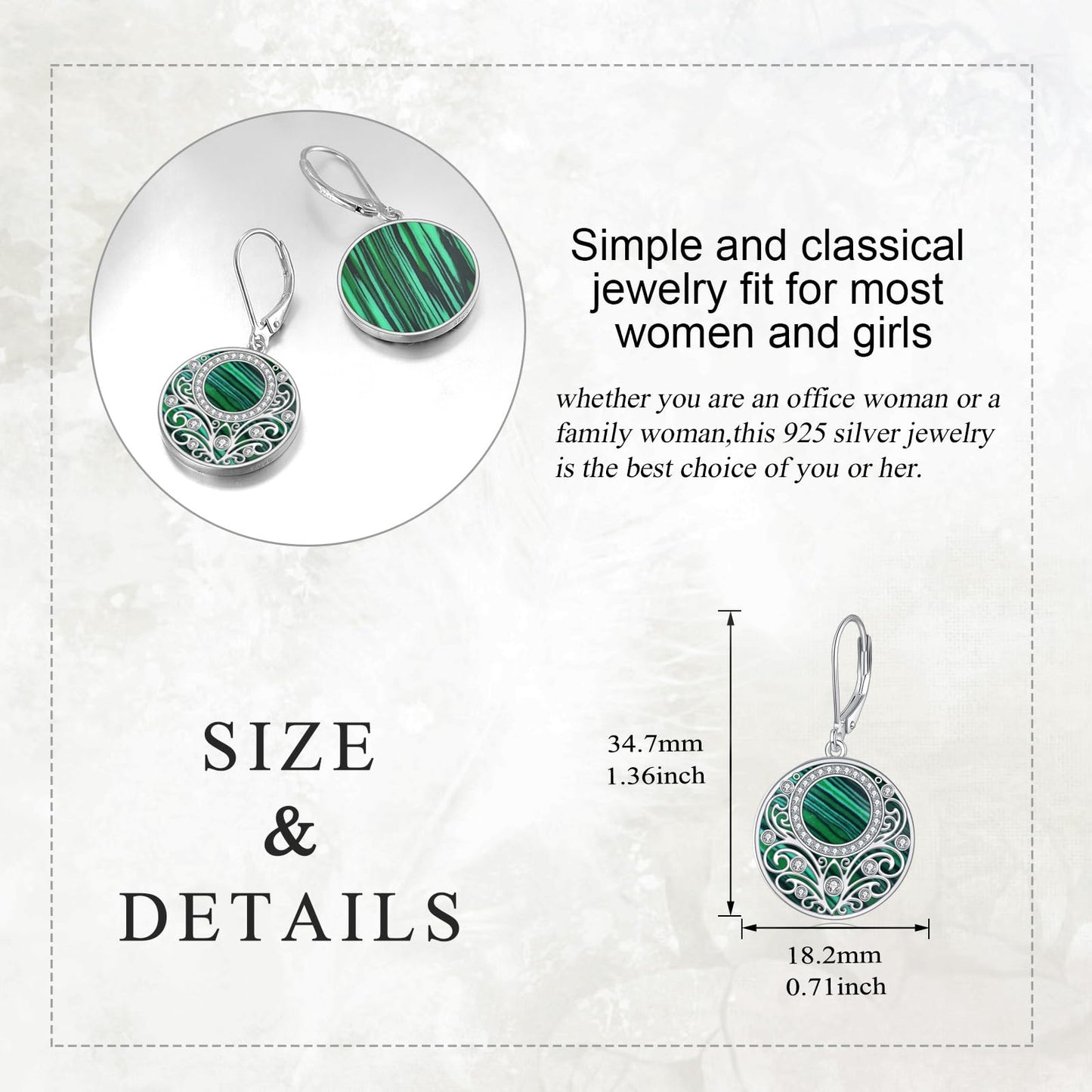 Malachite Drop Earrings Sterling Silver Filigree Leverback Earrings Green Circle Dangle Jewelry Gifts For Women