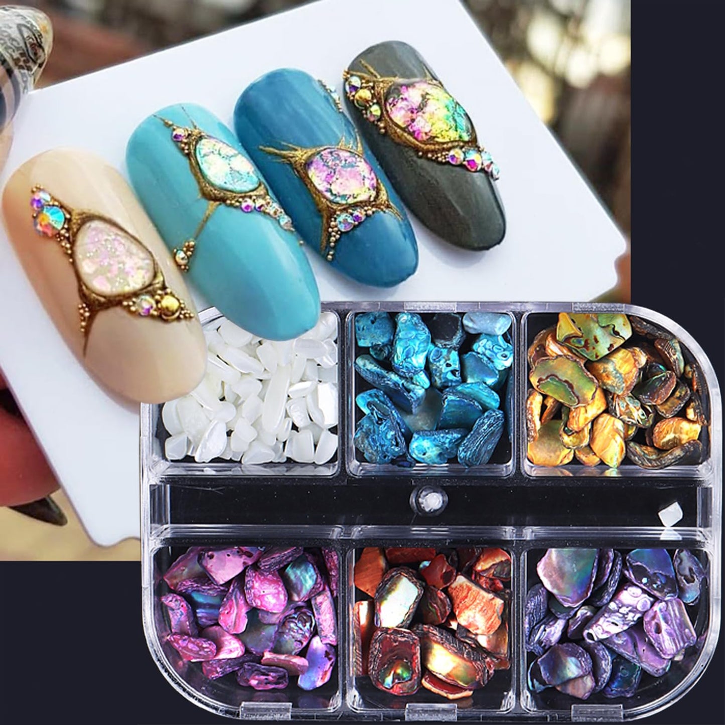 6 Grids Colorful Abalone Shell Stone Nail Gems and Charms 3D Irregular Stone Nail Charms Abalone Shell Texture Designs Nail Rhinestones Colorful Gems Nail Jewelry for Women DIY Manicure Crafts