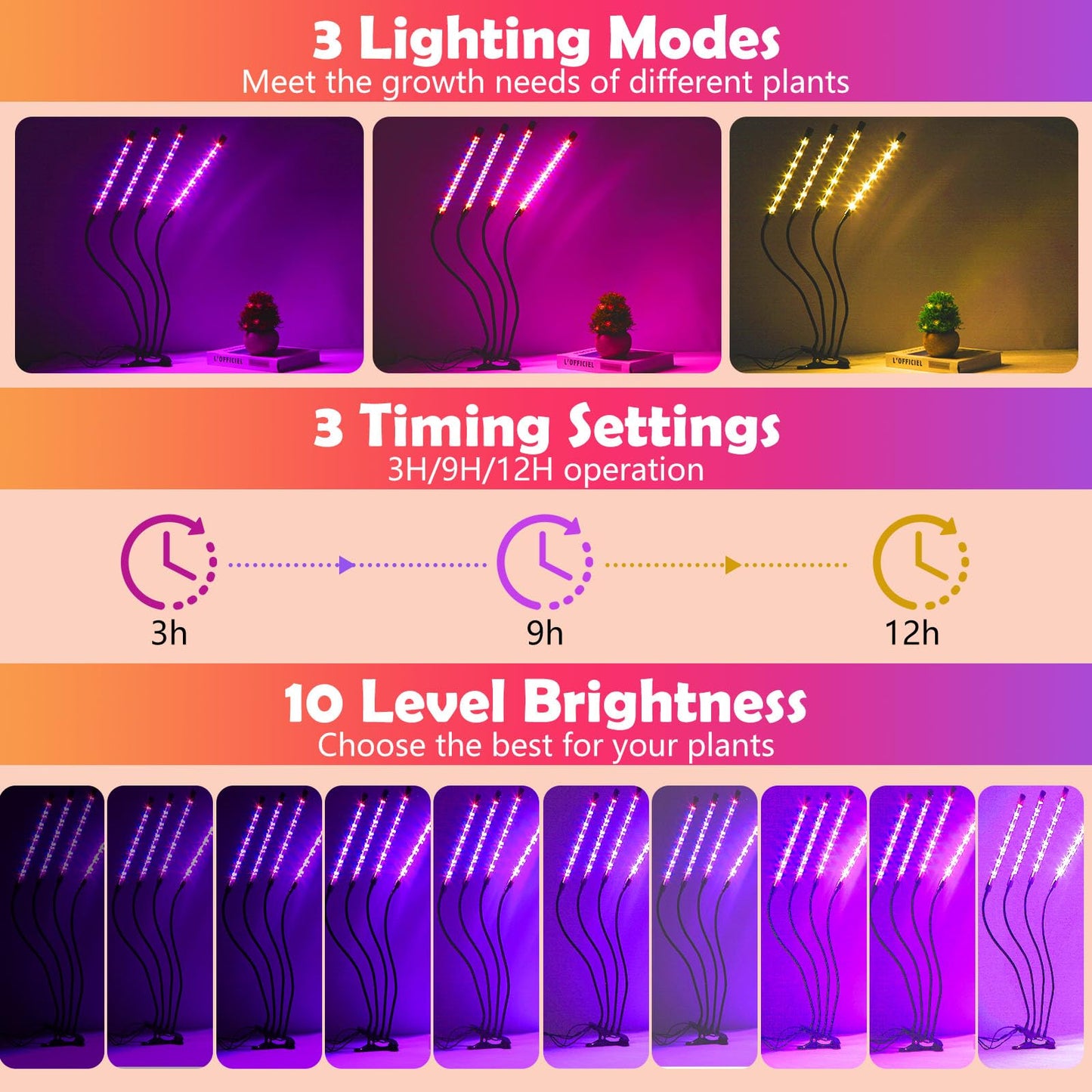 shalaker Grow Lights for Indoor Plants,80 LED Plant Lights with Full Spectrum & Red Blue Spectrum, 10 Dimmable Level, 3/9/12H Timer,3 Switch Modes, Adjustable Gooseneck,4 Heads Clip-On