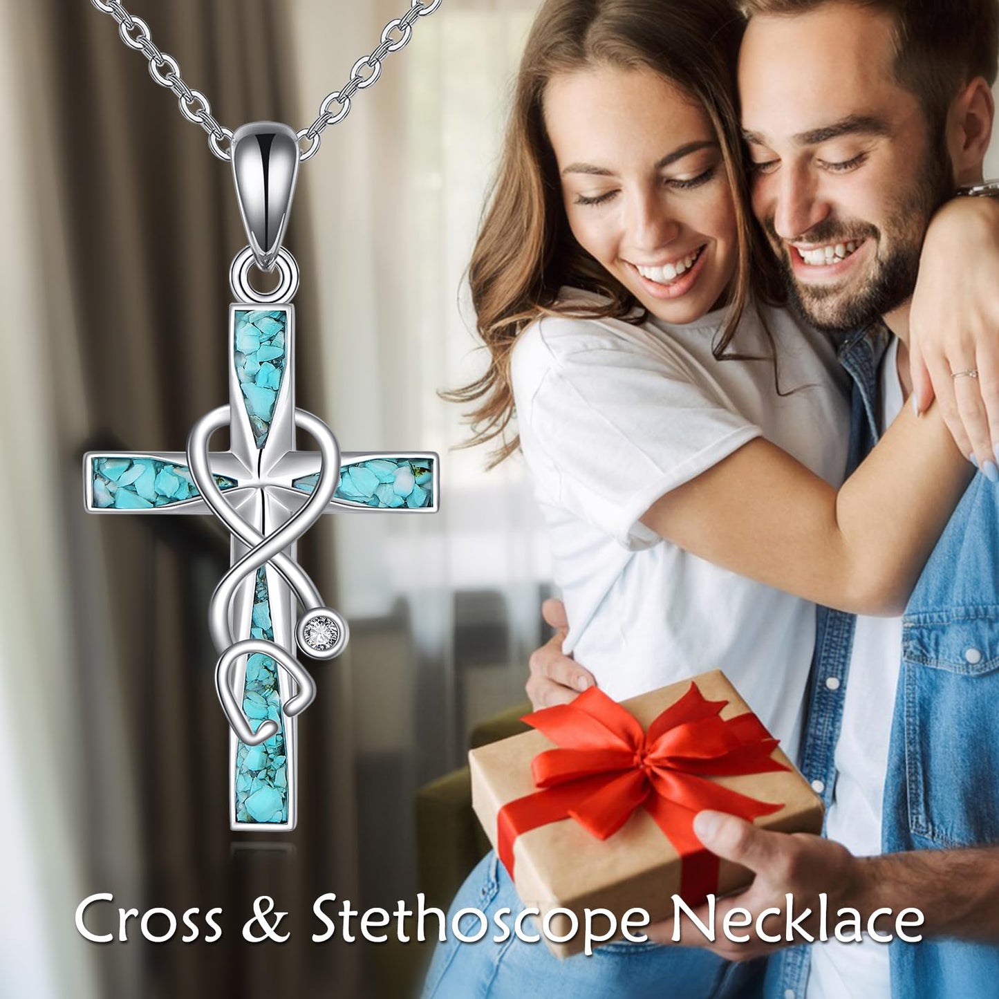 ONEFINITY Turquoise Cross Necklaces for Women 925 Sterling Silver Stethoscope Necklace Cross Jewelry Gifts for Nurses Doctors
