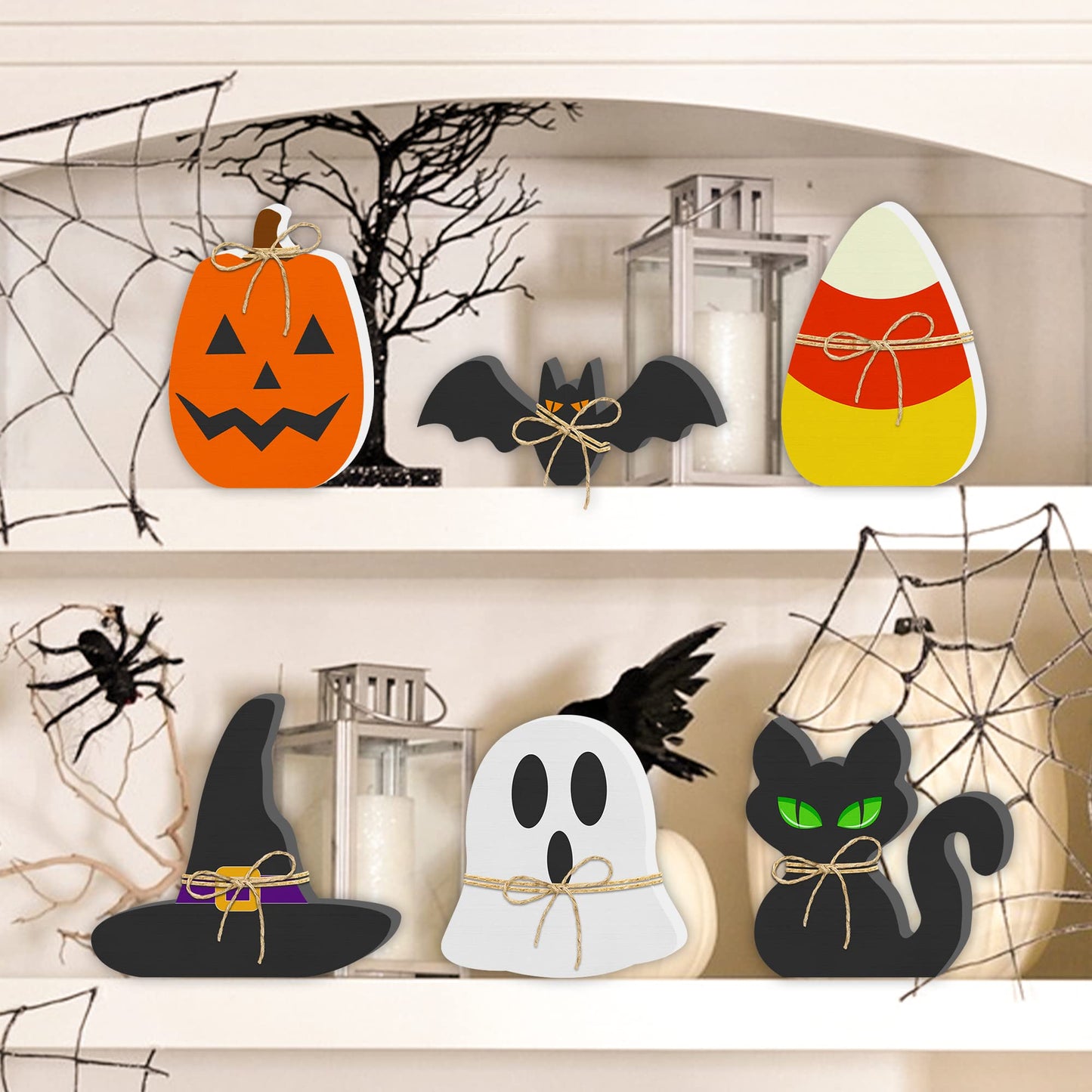 6PCS Halloween Wooden Decor - Halloween Decorations Wooden Signs Include Pumpkin Ghost Bat Black Cat Witch Hat Candy Corn Freestanding Table Signs Tiered Tray Decor for Rustic Farmhouse Home Mantle