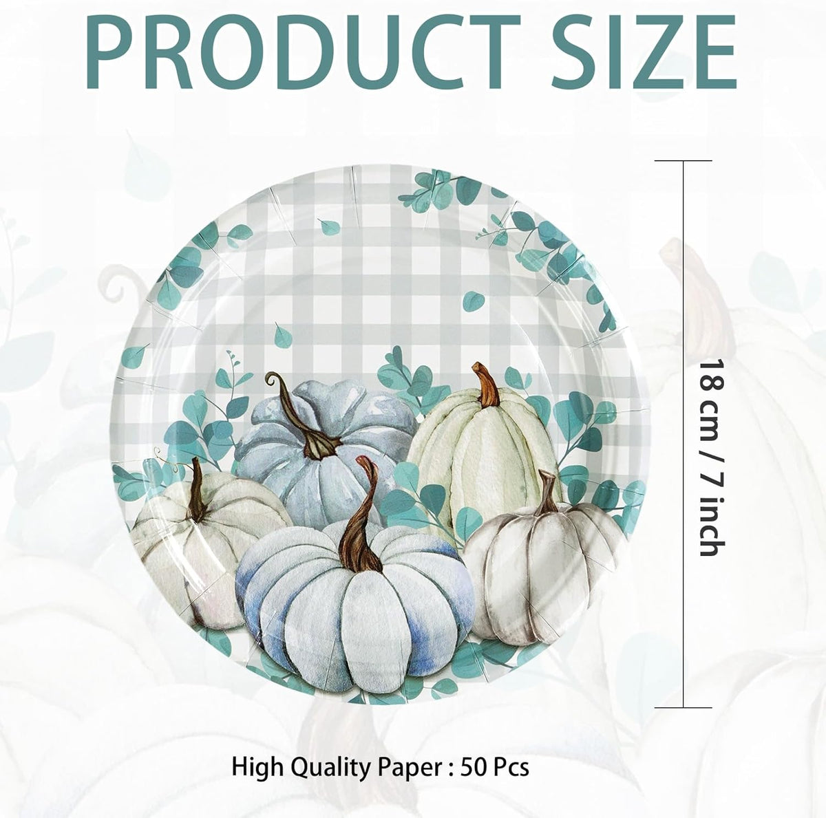 Grencian 50 Pcs Fall Blue Gingham Paper Plates 7" Blue Pumpkin Plates Disposable Thanksgiving Platter Fall Party Decorations for Thanksgiving Autumn Holiday Harvest Birthday Party Supplies