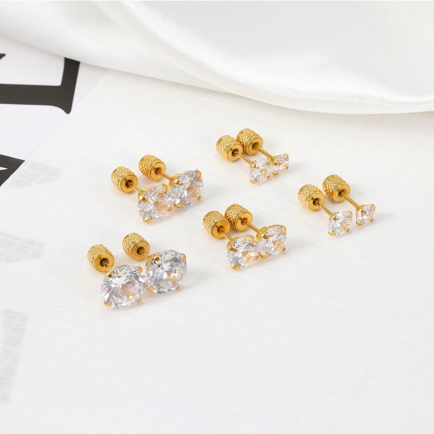 5 pairs Push-in Flat Back Stud Earrings Hypoallergenic Surgical Stainless Steel Cubic Zirconia Earrings Studs Set Multi-Pack, CZ Stud Earrings for Women Men Trendy Cartilage Earrings 4-8mm(Gold)