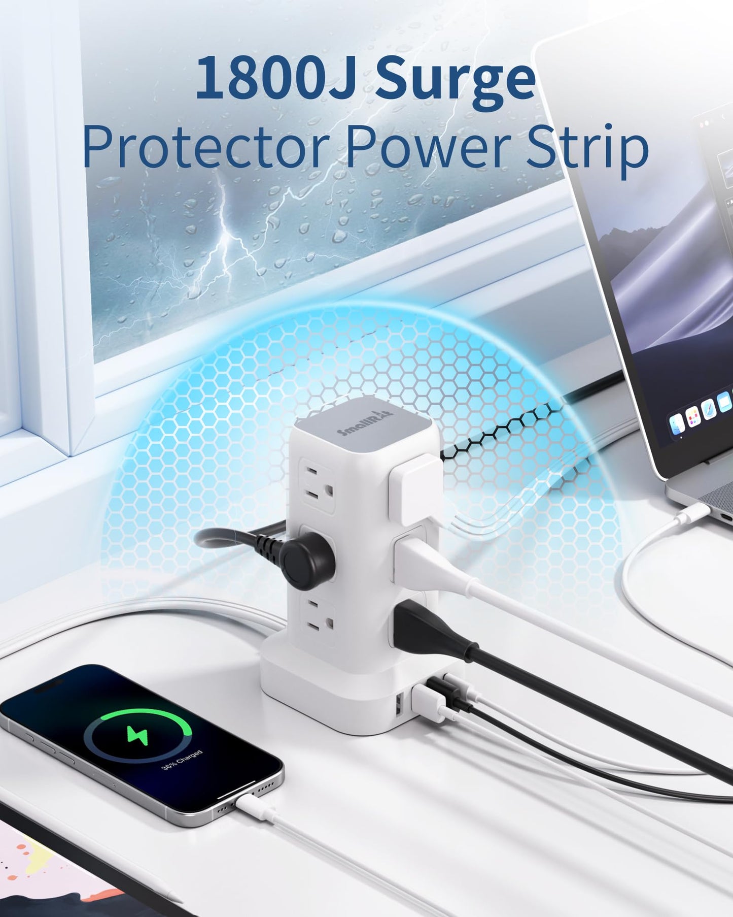 Extension Cord with Multiple Outlets, SMALLRT Flat Plug Surge Protector Power Strip Tower with USB 12 AC Outlets, 6.5FT Ultra Thin Extension Cord Outlet Extender for Home Office, Overload Protection