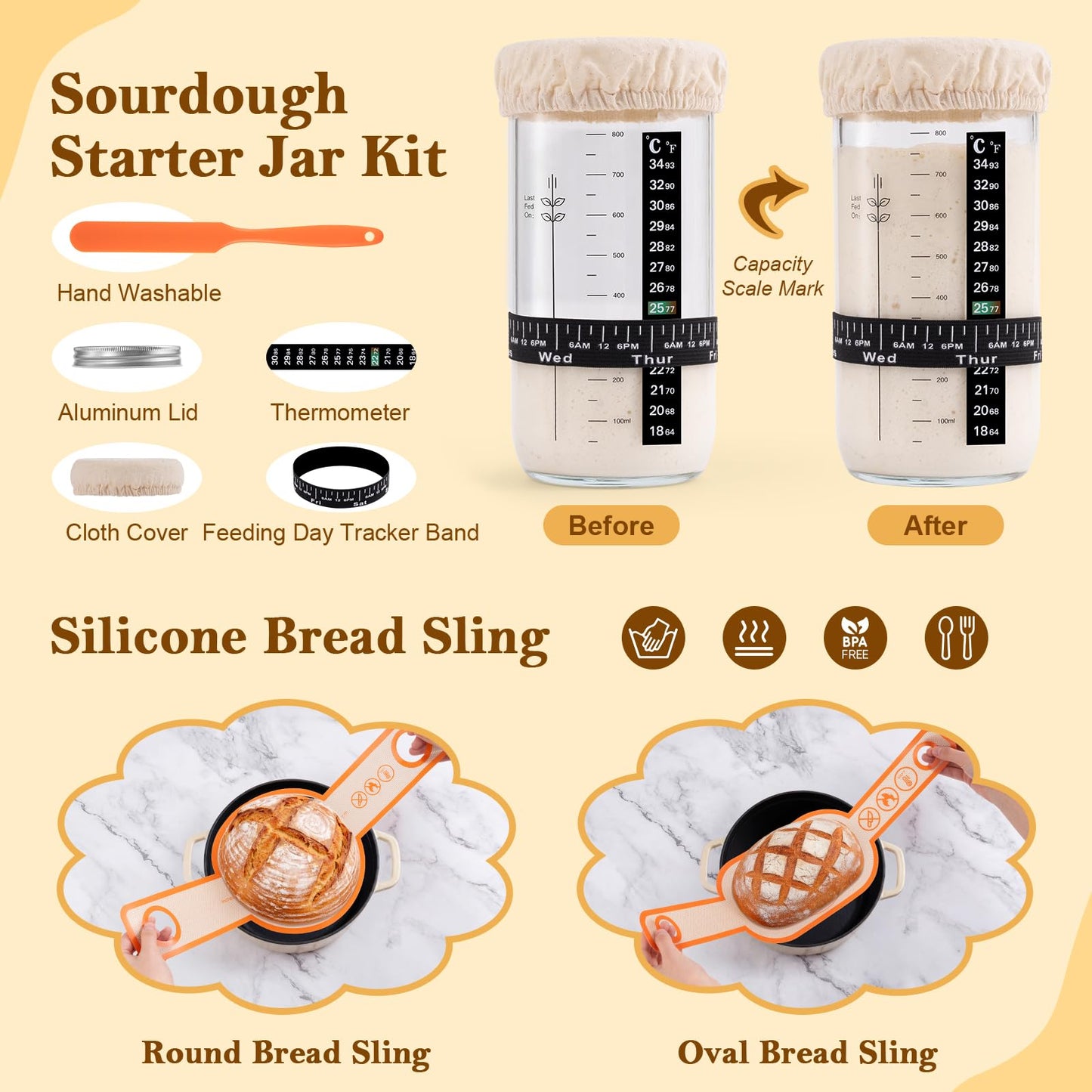 REMEIT Sourdough Starter Kit with Banneton Bread Proofing Basket Set, 9" Round & 10" Oval Proofing Basket, Sourdough Bread Baking Supplies with Starter Jar, Bread Lame, Dough Whisk and Baking Tools