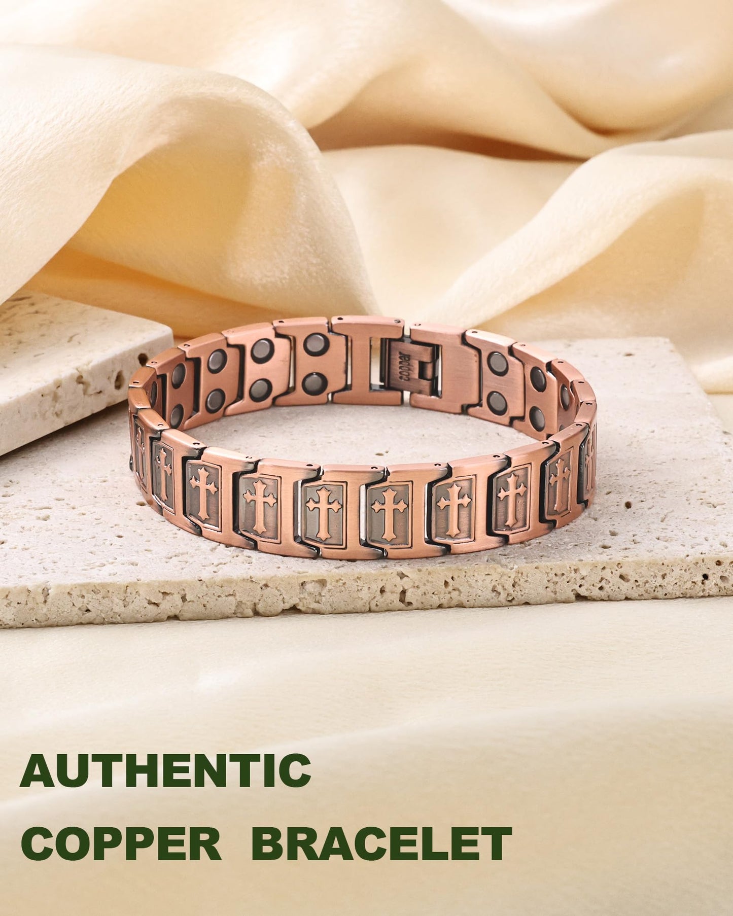 MagEnergy Copper Bracelet for Men, Cross Copper Magnetic Bracelet with Ultra Strength Magnets, Adjustable Link Jewelry Box Gift (Sizing Tool)