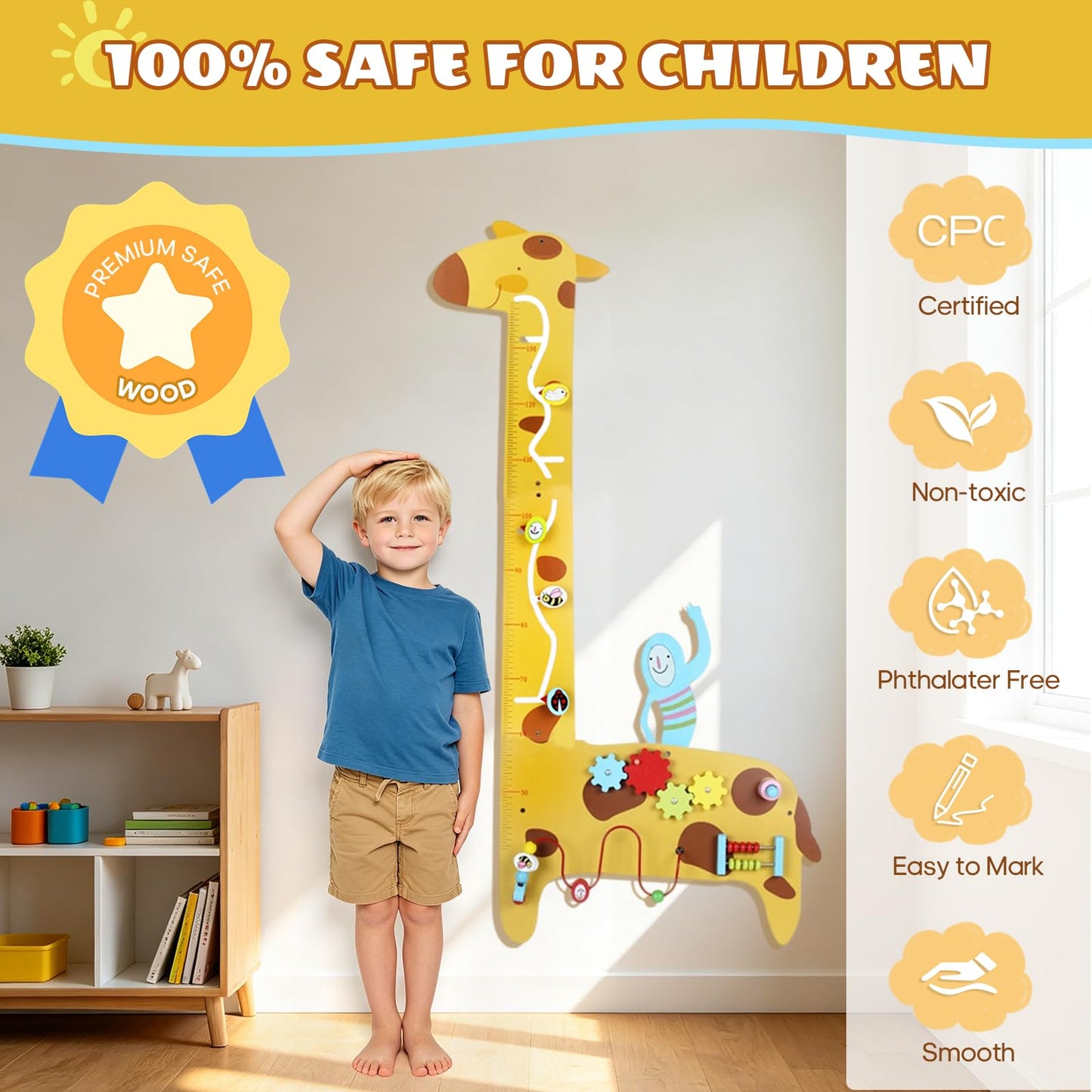 BROWNROOT Wooden Giraffe Growth Chart, Montessori Height Ruler with 5-in-1 Sensory Activities, Measuring Wall Toy for Kids 3-6, Bead Maze, Gears, Slide, Squeaker & Abacus, Educational Learning Gift