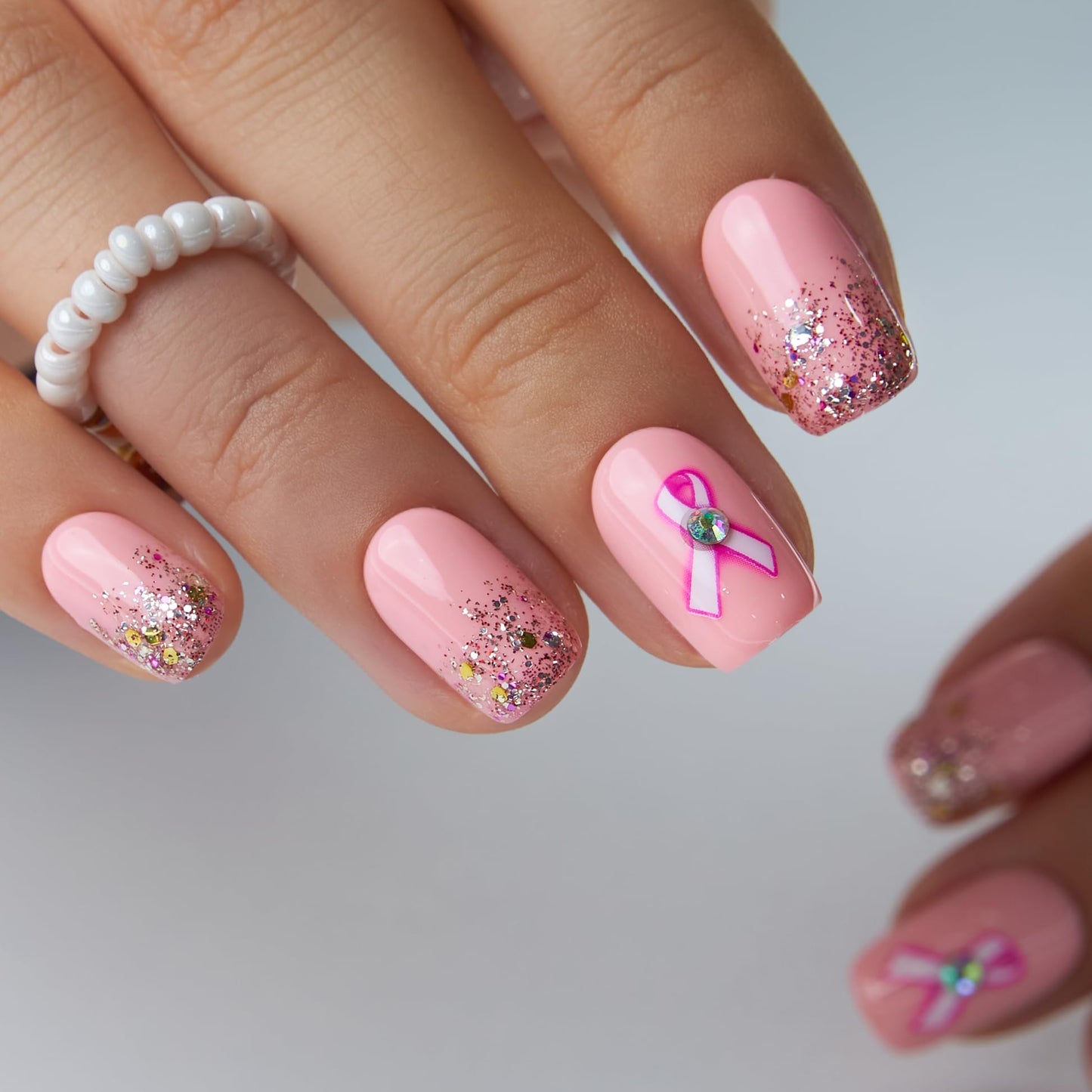 Curvlife Press On Nails Medium Square Pink - Breast Cancer Ribbon Press on Nails with Glue, Pink Ribbon Awareness Glitter Glossy Fake Nails Long Lasting False Nail Tips for Women