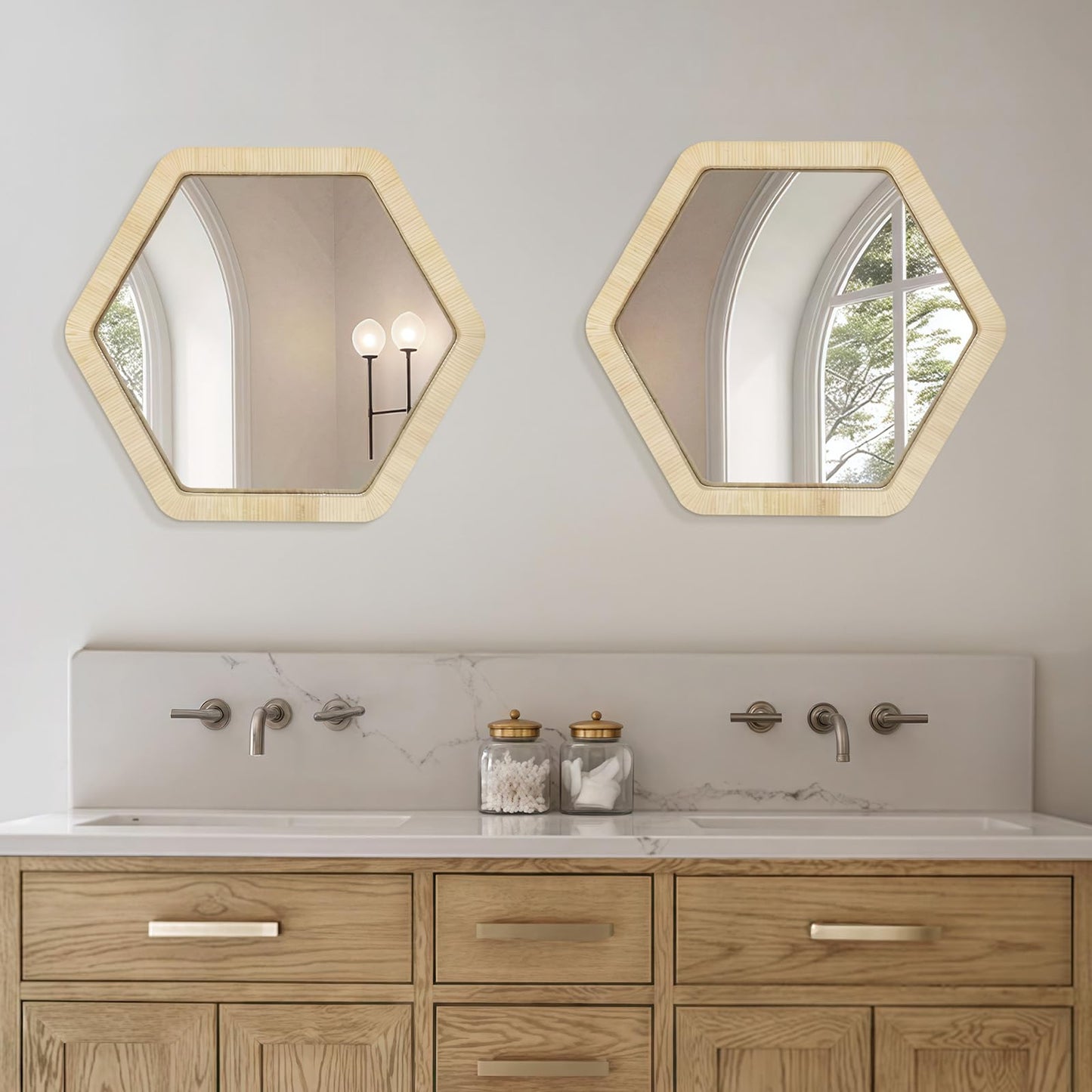 ULIKE Rattan Wicker Mirror for Wall,Boho Woven Bathroom 30 Inch Rustic Farmhouse Wall Decor with Handmade Rattan Frame, Boho Mirror for Nursery Bedroom Living Room Entryway
