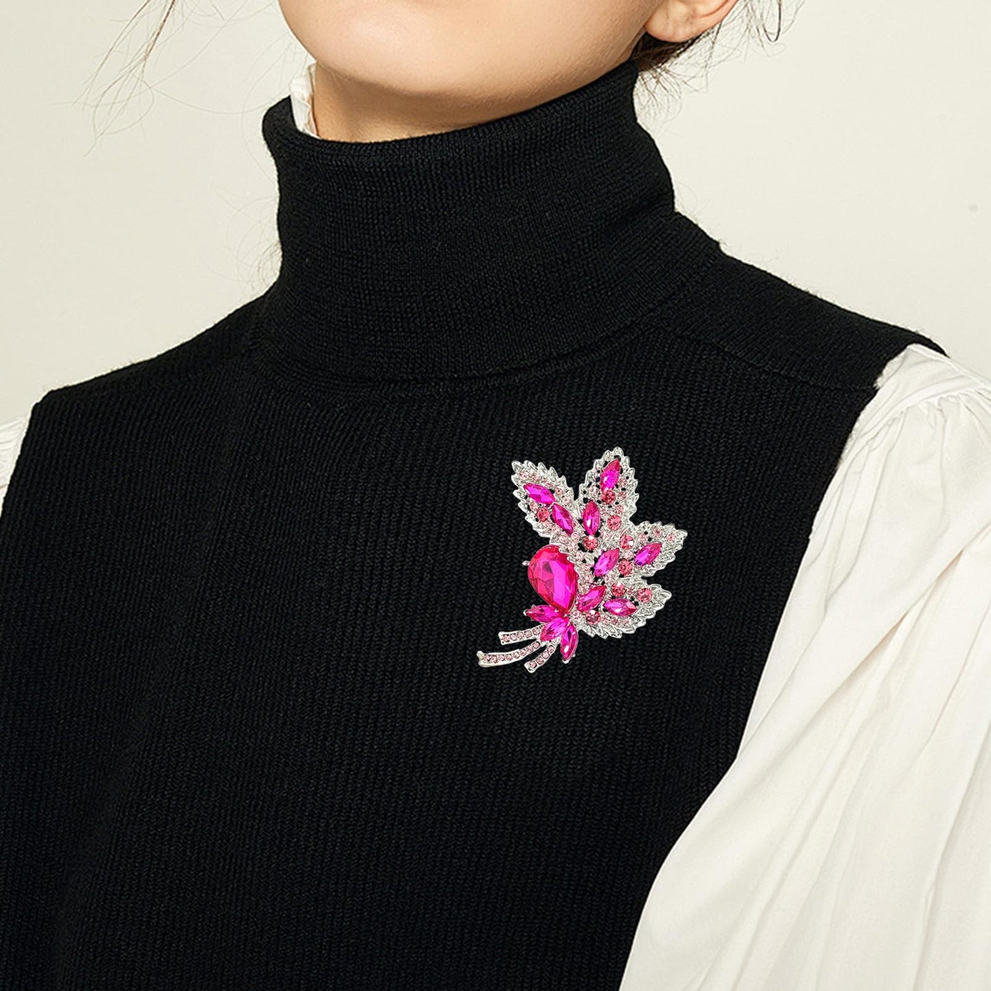 YOQUCOL Rose Red Austrian Crystal Leaf Shape Bouquet Big Large Brooch Pin Rhinestone Scarf Decoration Wreath Cloth Pin For Women