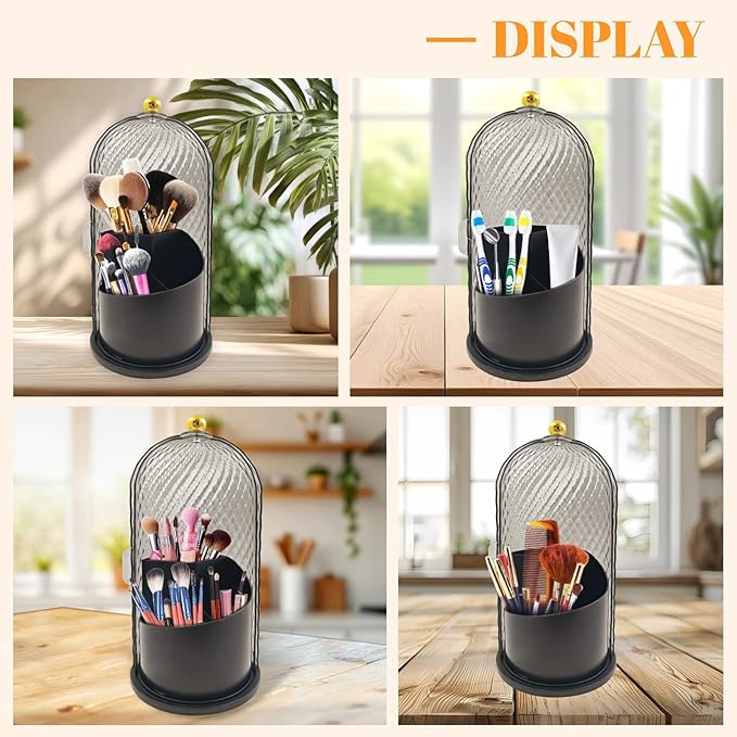 360 Rotating Makeup Brush Holder Organizer With Lid - Multifunctional Toothbrush Holder With Cover For Bathroom Countertop - Dustproof Storage For Make Up Brushes Toothbrush Toothpaste (Black)