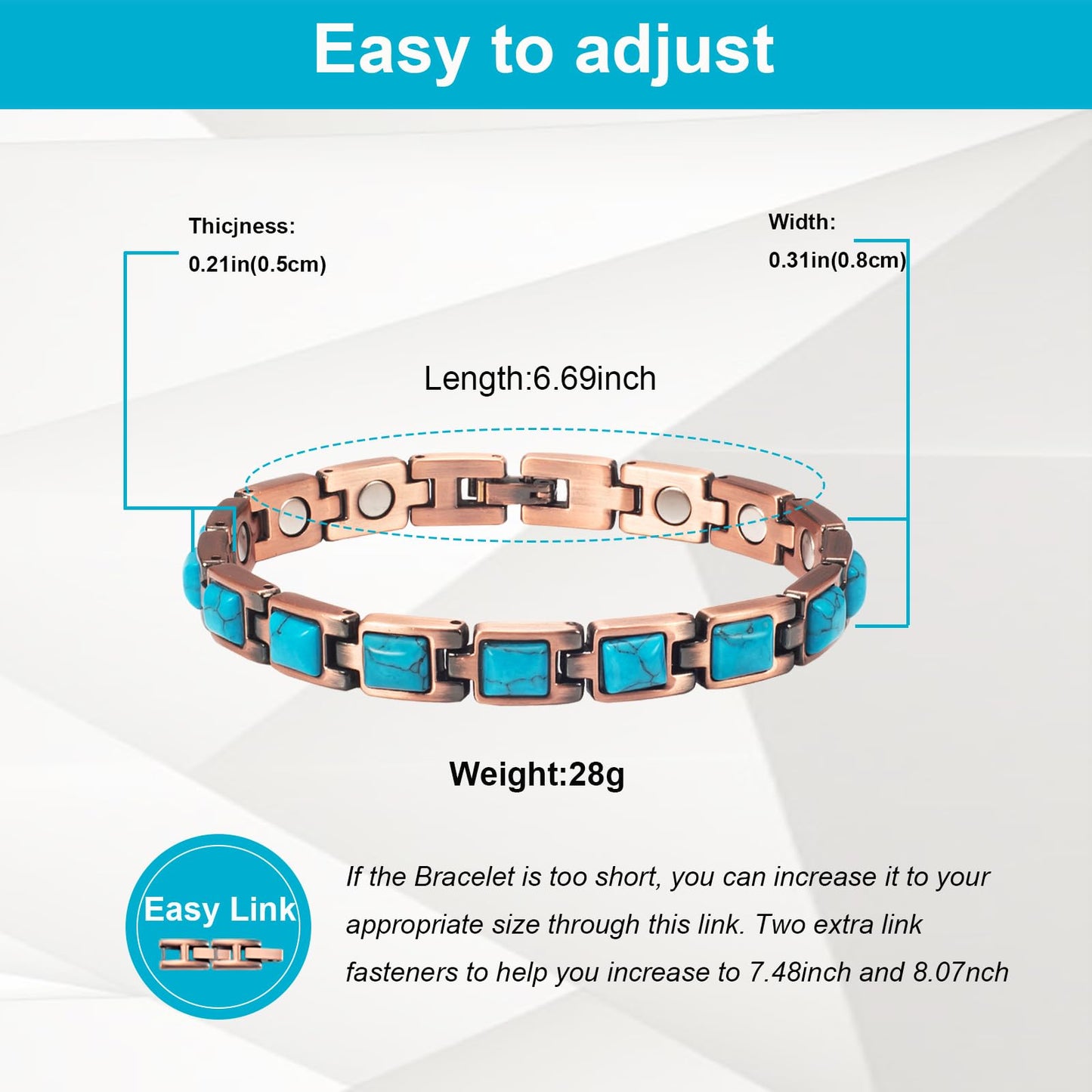 EnerMagiX Copper Bracelet for Women, Pure Copper Adjustable wiht Easy Link Blue Turquoise Magnetic Bracelet (0165)