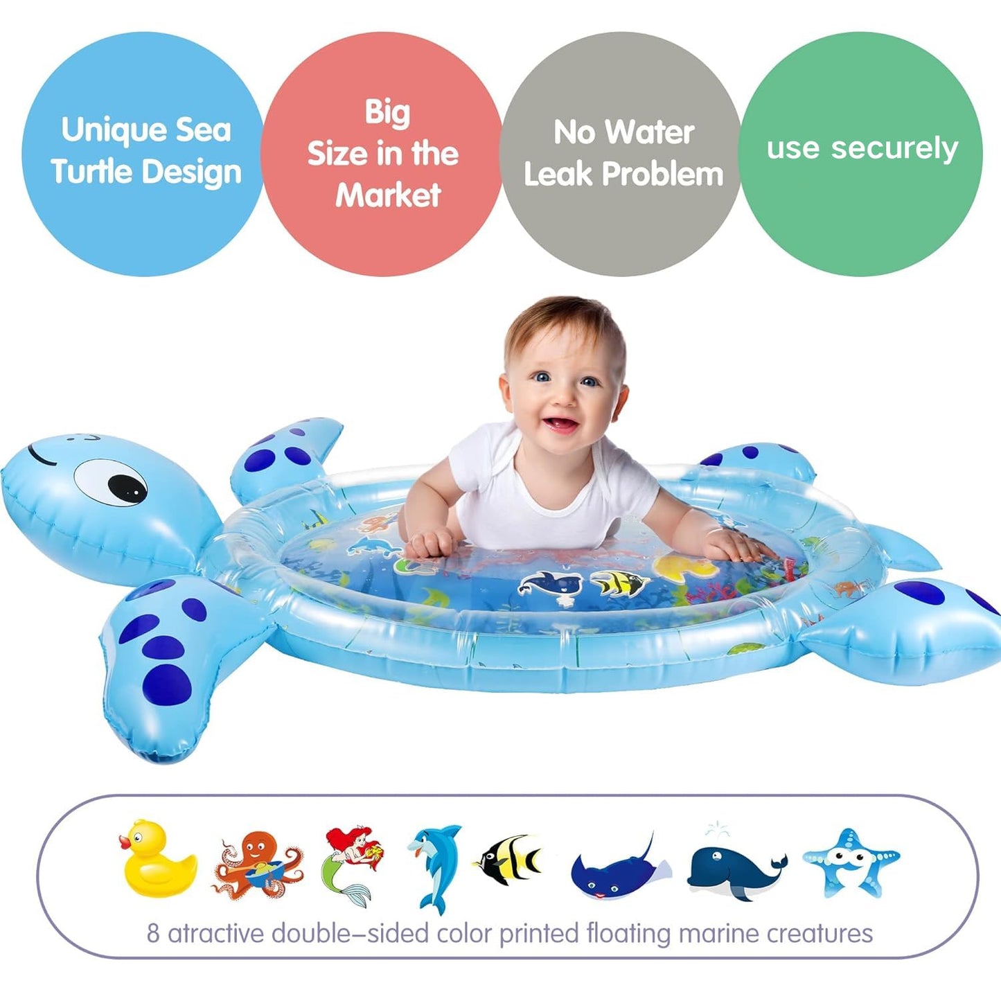 Gebra Sea Turtle Tummy Time Water Mat – Inflatable Baby Play Mat for 3–12 Months Boys & Girls, Sensory Activity Toy & Gift for Visual and Muscle Development