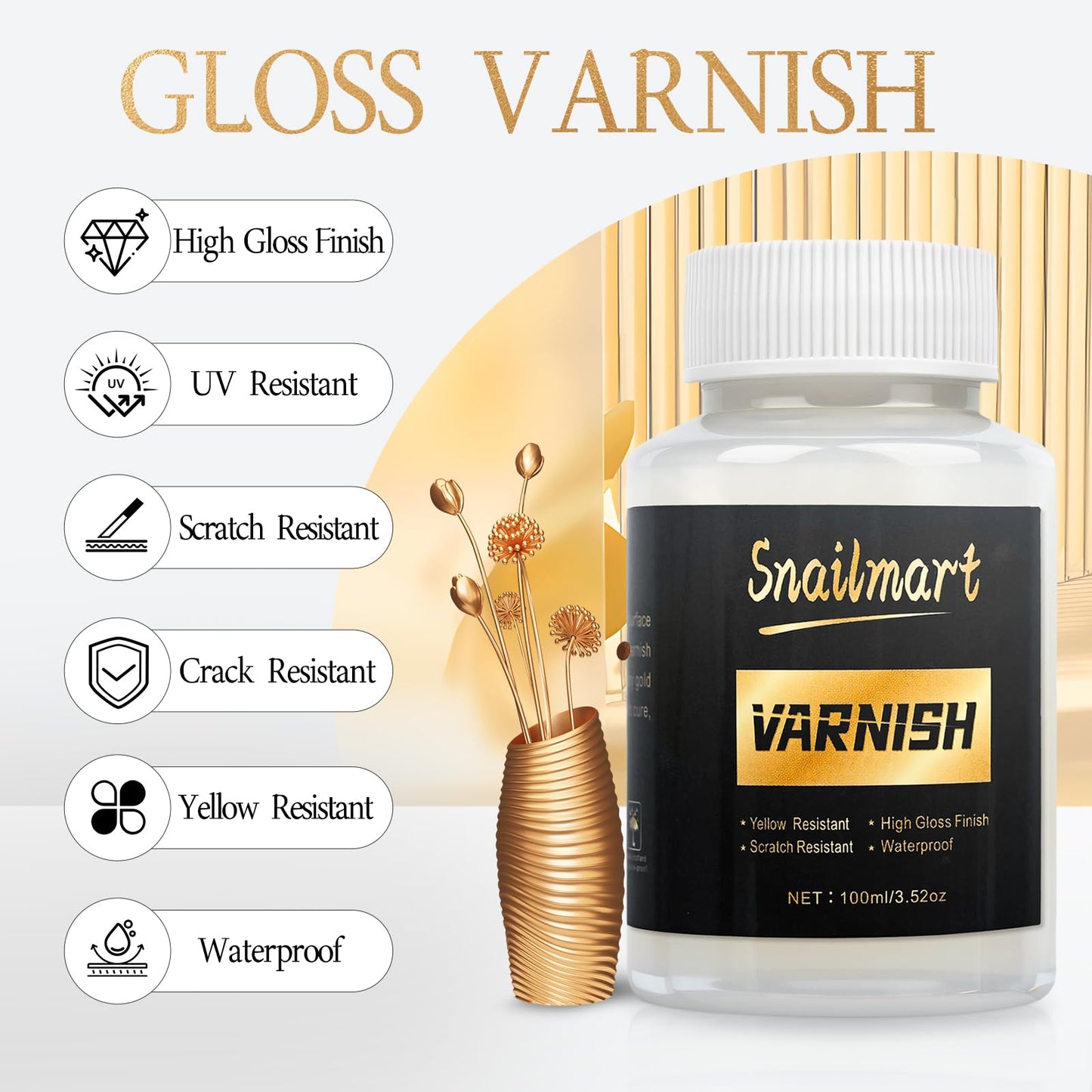 Snailmart Gold Leaf Kit, 100ml Water-Based Metal Leaf Glue and 100ml Protective Varnish, Gold Leaf Sheets 100 pcs, 2 Brushes, for Craft, Painting and Arts