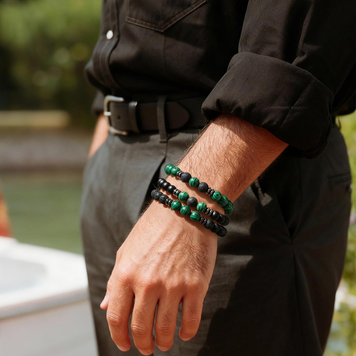 Lameybrt 8mm Men’s Bracelet Set Multi - Tiger Eye/Matte Agate/Lava Rock Gifts for Birthday/Anniversary/Christmas (G08 Malachite, One Size)