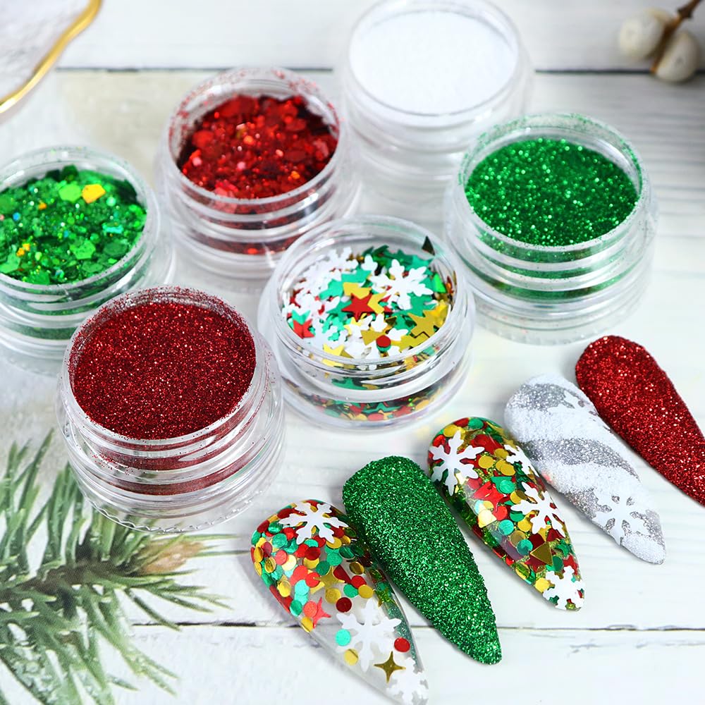LPOODDNU Winter Nail Art Decorations: Flakes 3D White Snowflake Nail Decals, Green Red Designs, Holographic Christmas Glitters