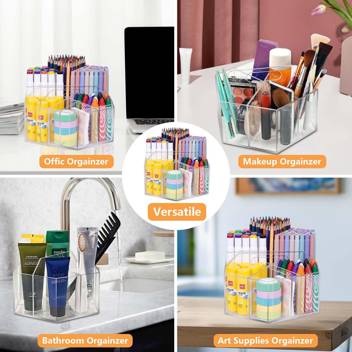 Hiborateed Pen Holder for Desk Acrylic, Large 6 Slots 360-Degree Rotating Marker Organizer Pencil Holder, Caddy Art Supply Organizer Crayon Organizers for Office School