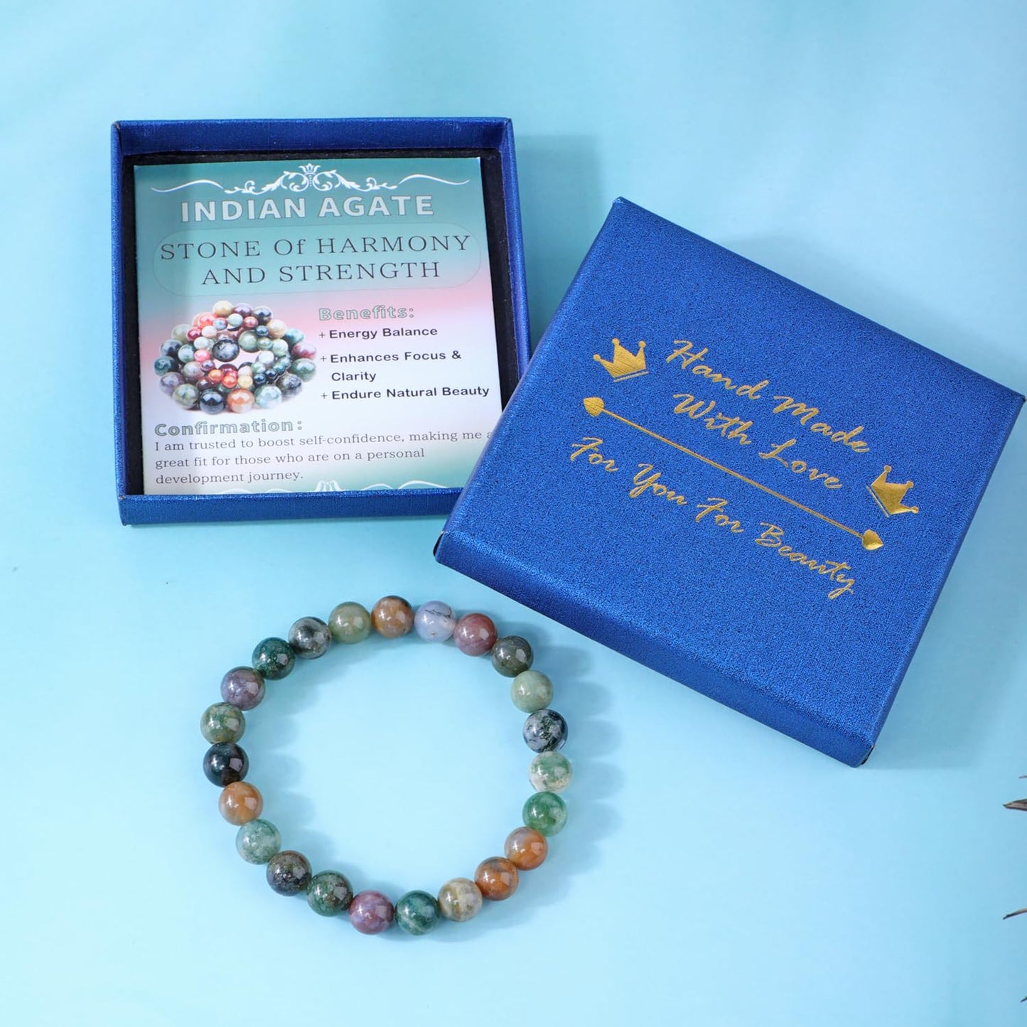 Bymitel 8mm Indian Agate - Handmade Reiki Gemstone Stretch Bracelet, Natural Beauty & Spiritual Essence, Crystal Healing for Unisex Adults