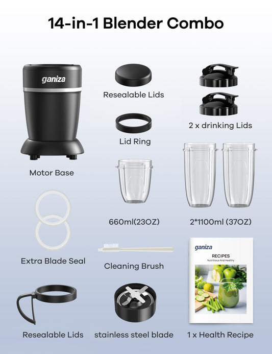 Ganiza Blender for Smoothies, 14 Pcs Smoothie Blender for Kitchen, Max 1300W Portable Blenders for Shakes Ice Crushing Grinding & More with 2 X 37 oz, 23 oz Cups, Perfect for Home & On - the - Go