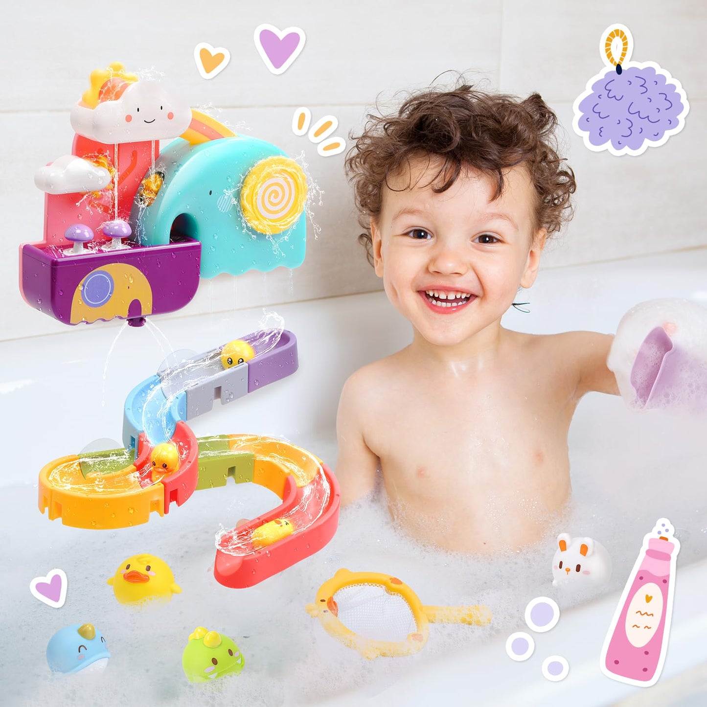 CUTE STONE Baby Bath Toys, No Hole Floating Squirting Bathtub Toy W/ Water Slide Building Track, Duck Fishing Net Game, Toddler Shower Toys, Water& Pool Toys, Educational Gifts for Boys Girls