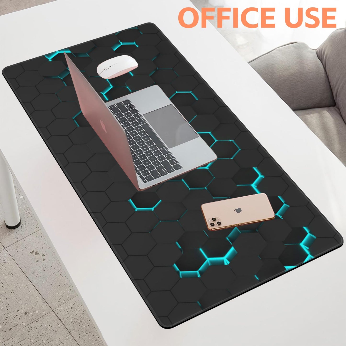 NIYLYNSYN Mouse Pad Large Abstract Hexagonal Neon Non-Slip Game Desk Mat with Stitched Edge Laptop Keyboard Desk Pad for Work Home Gaming (35.4 x 15.7 Inches)