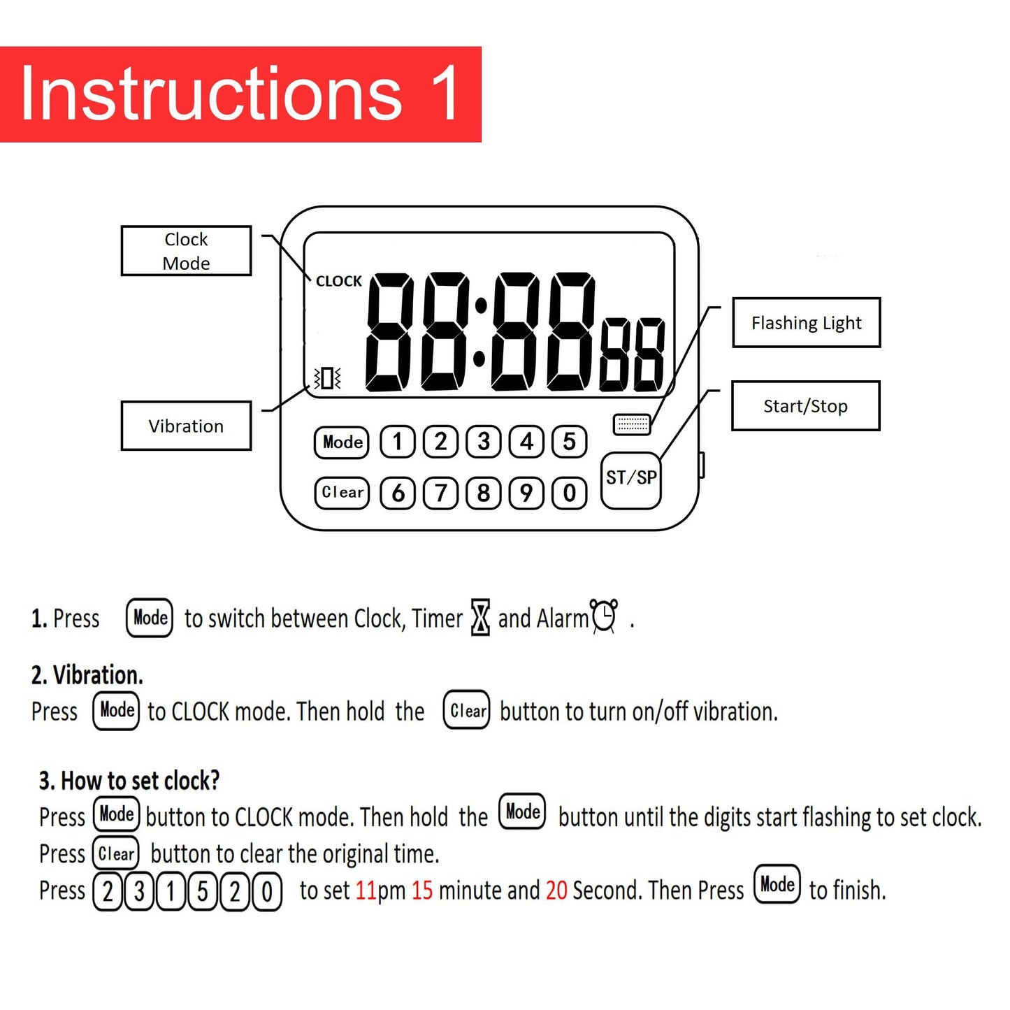 Digital Multifunction Timer with Clock, 10 Preset Alarms, Countup & Countdown, Memory Settings, White