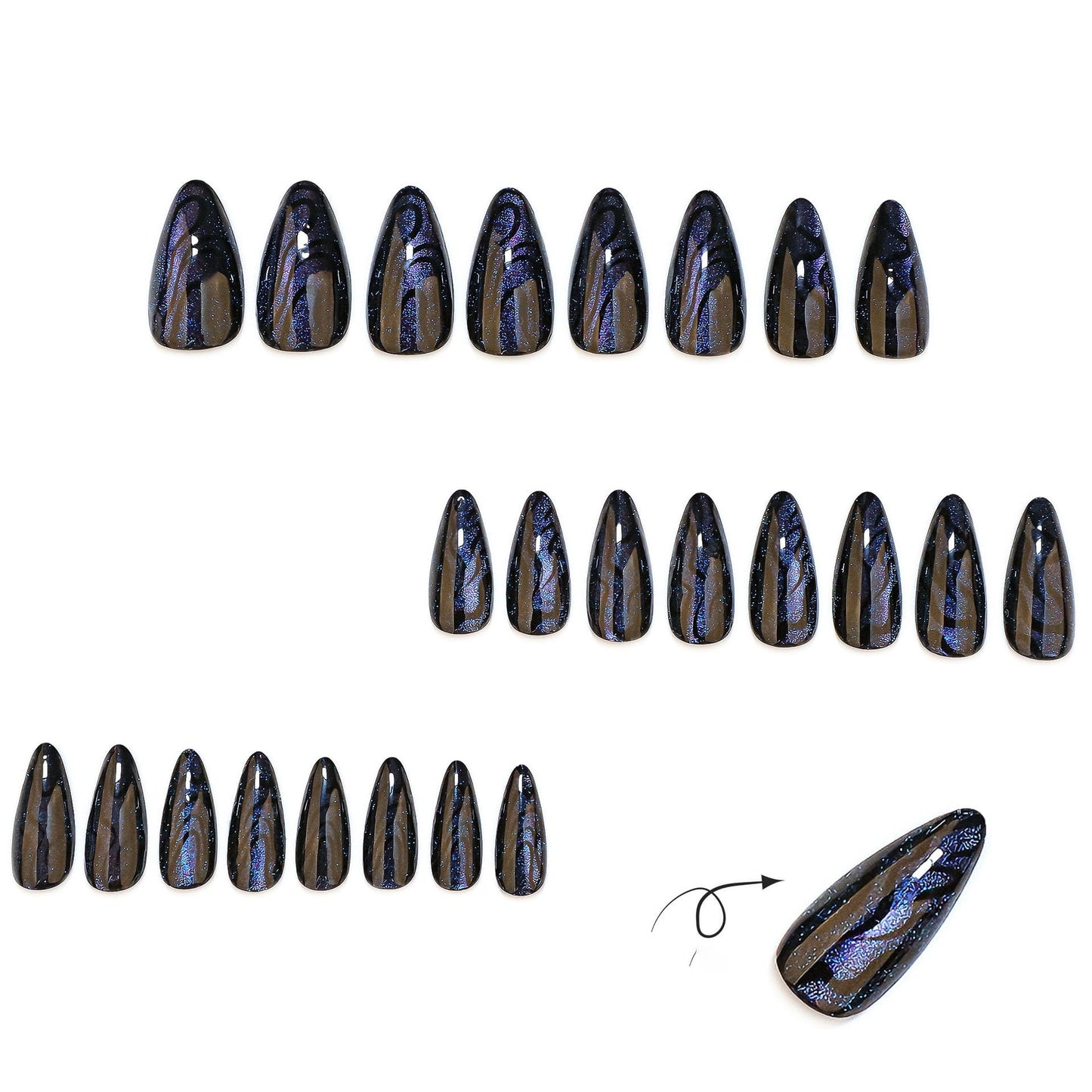 RUOKEXIN Almond Press on Nails Medium Length Fake Nails Black Cat Eye False Nails with Designs Glitter Nail Press ons Sparkly Artificial Nails for Women 24Pcs