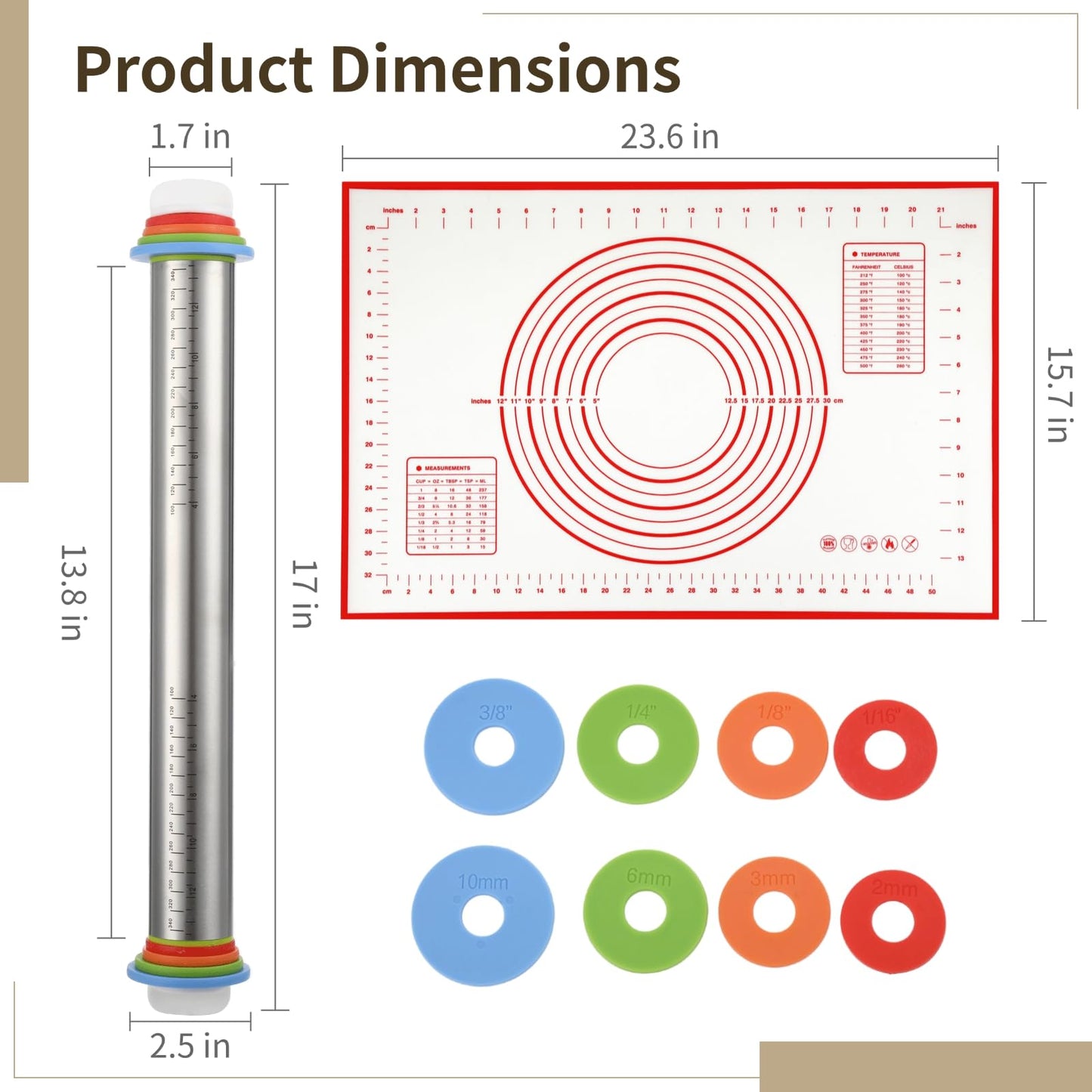 Rolling Pin and Pastry Baking Mat Set, Stainless Steel Dough Roller with Adjustable Thickness Rings & Clear Scale Markings, Ideal for Home Kitchen Baking Fondant, Pizza, Pie, Pastry, Pasta, Cookies