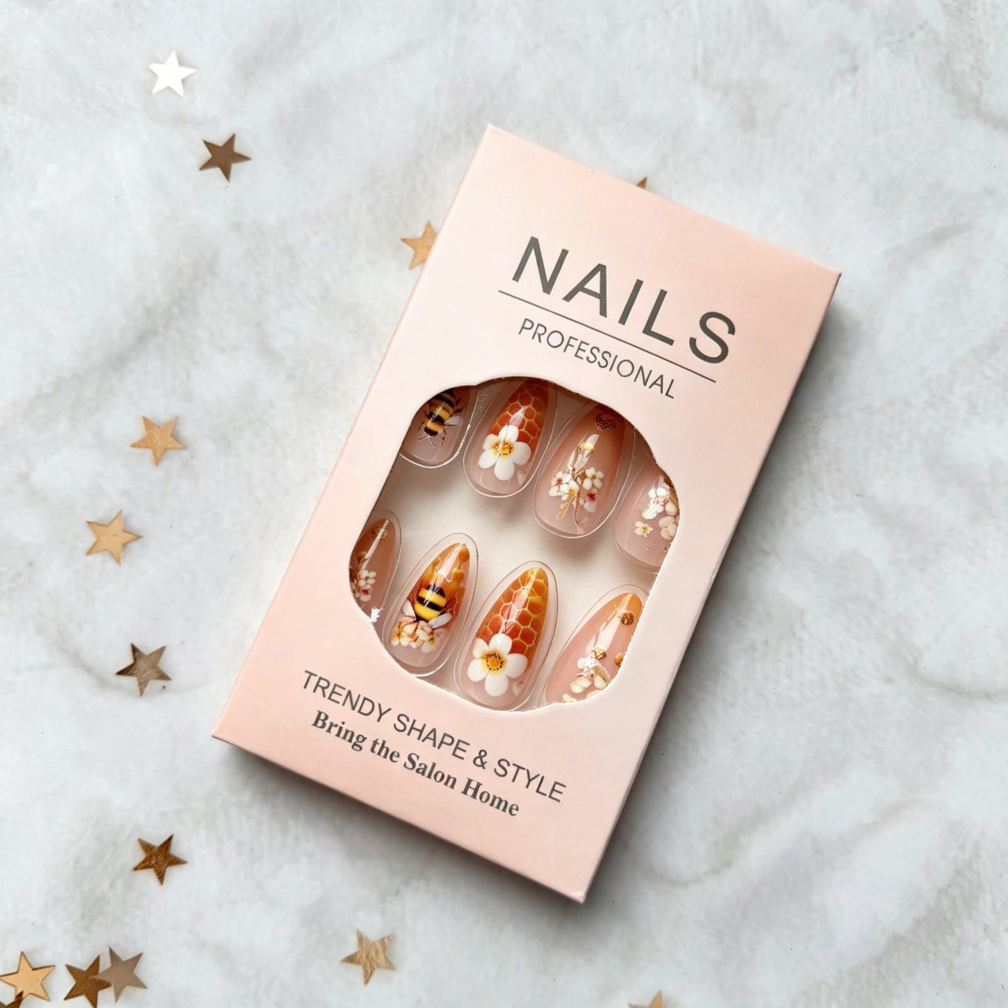Almond Press on Nails Medium Fake Nails Spring False Nails Bee Flower Artificial Nails with Honeycomb Designs Glossy Acrylic Nails Summer Stick on Nails Full Cover Glue on Nails for Women Manicure