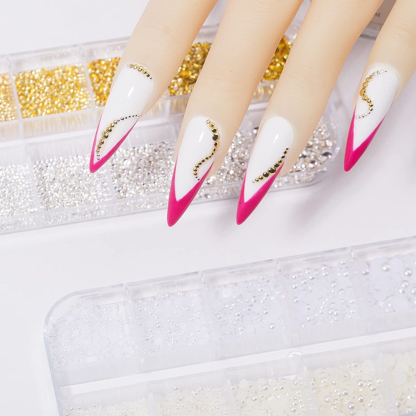 DZHILHMX Nail Charms - Metal Gold & Silver, Flat Back Round Nail Art Charms, Small Nail Pearls, 3D Mixed Sizes Decorations for Nails