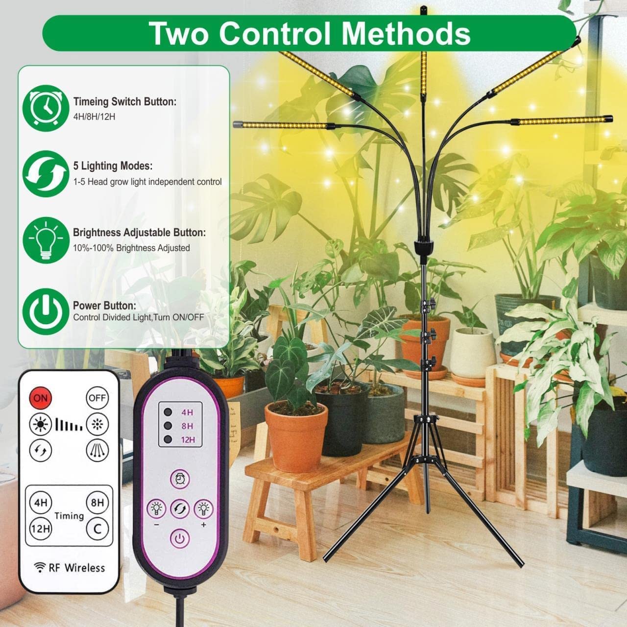 yentbokj 5-Head Adjustable LED Lights, Full Spectrum Grow Lamp with Timer, Warm White Light for Indoor Plants