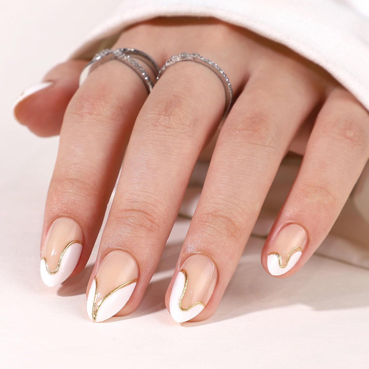 WAFOLOZE Almond Press On Nails - White French Tip Press On Nails Short with Gold Foil Designs, Glue On Nails 16 Sizes - 32Pcs Reusable Soft Gel False Nails Tips Kit, Stick On Nails for Women