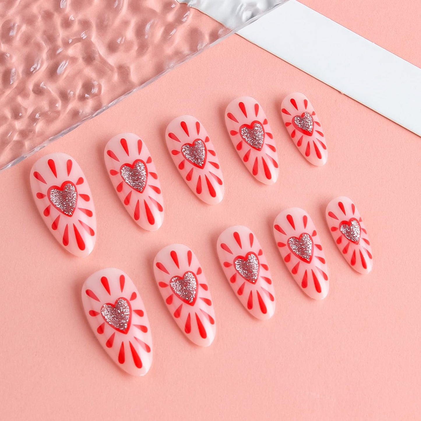 CJDLTS 24Pcs Valentines Press on Nails Short Artificial Acrylic False Nails Red Love Stripe Glossy Almond Full Cover Reusable Coffin Artificial Fingernails Stick on Nail for Women Festival Manicure