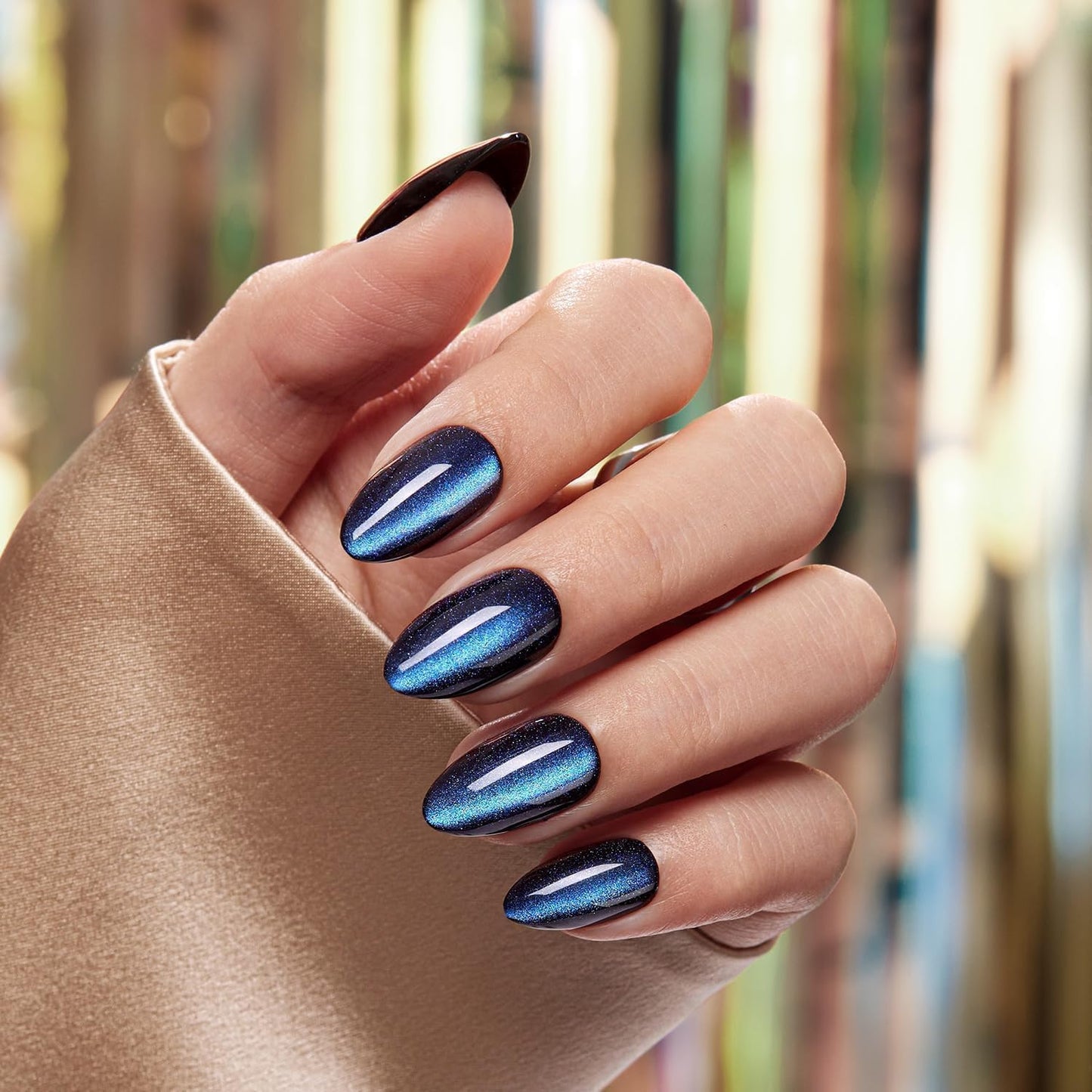 VSALON Almond Short Press on Nails for Newbies, Summer Dark Blue Cat Eye Chrome Glossy Glitter Stick On 32 pcs Fake Nails Kit in 16 Sizes, Reusable Opaque Gel Nails with Glue