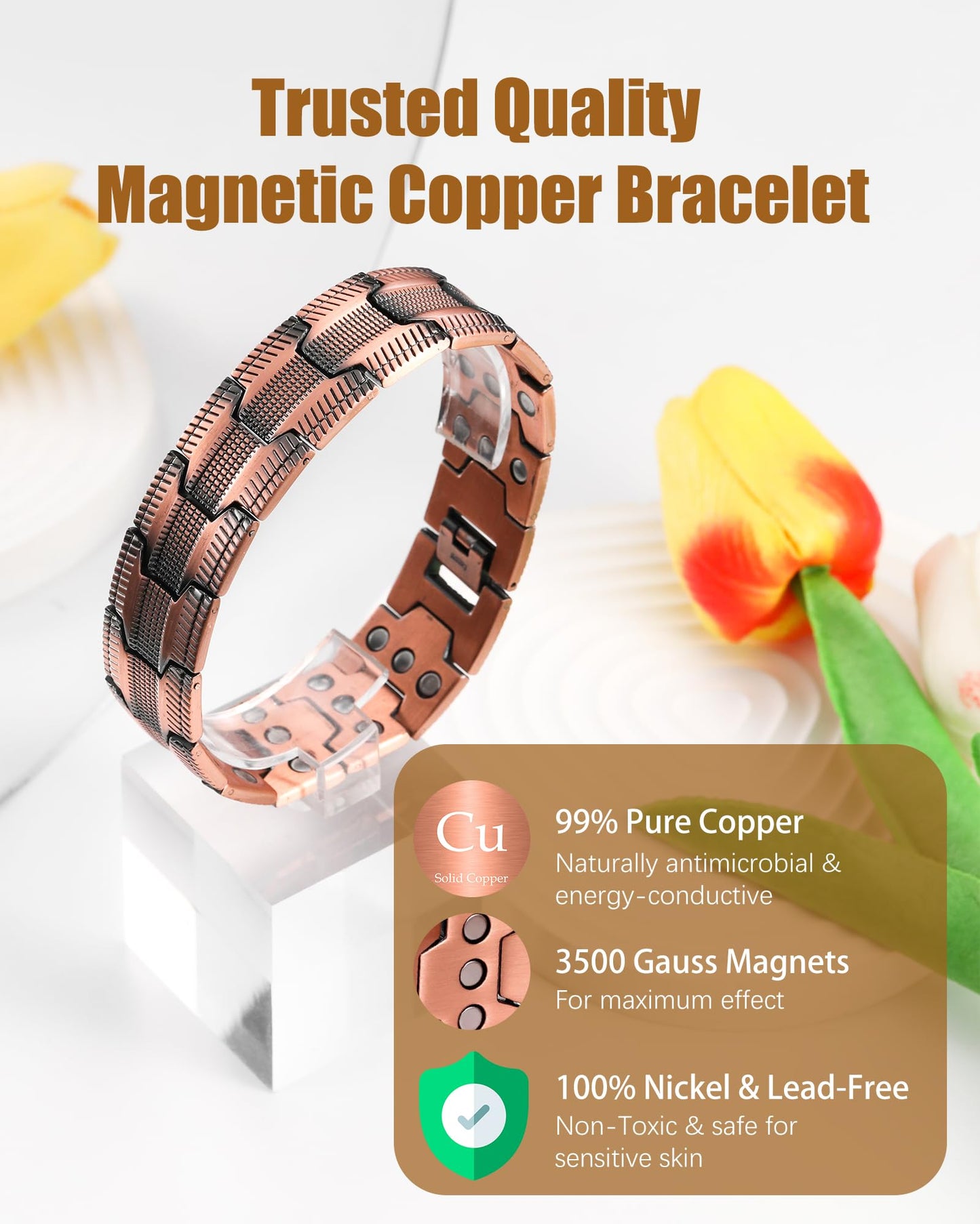 Jeracol Copper Bracelets for Men, 3X Strength Magnetic Copper Bracelets for Men with 3500 Gauss Magnets, Adjustable Length with Sizing Tool