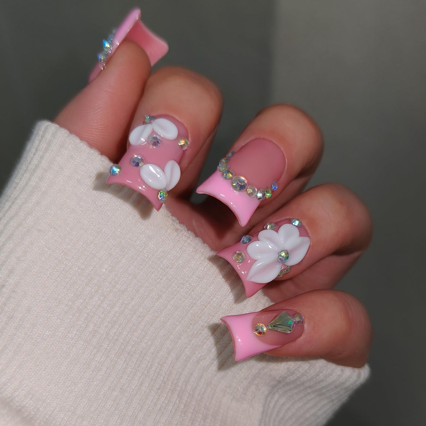 TENPAL Duckbill Shape Handmade Press On Nails Kit,Pink French Floral Nails with 3D Flowers Diamond Designs,Glazed Donut Nude Pink Fake Nails with Tools,Elegant French Tip Duckbill Nails with Gems(L)