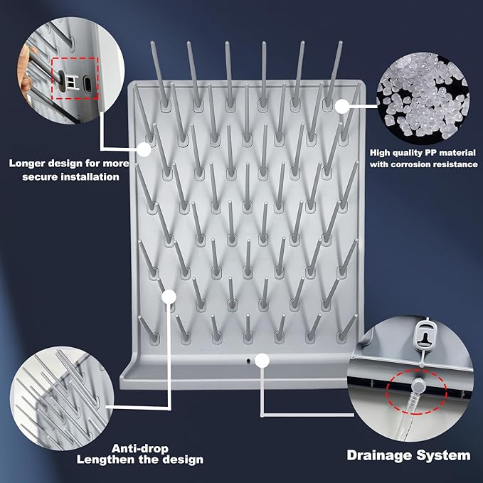 Lab Drying Rack 52 Pegs Laboratory Cabinets Glass Drying Racks Wall-Mount Grey Cleaning Frame for School Laboratory Utensils Hidden Installation