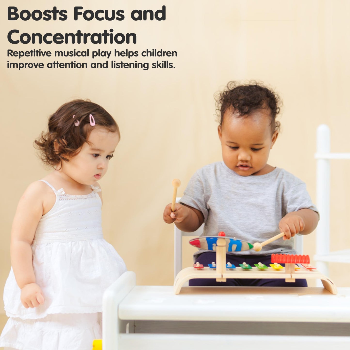 PlanToys® Musical Set Wooden Montessori Drum, Cymbal and Xylophone Toy | Early Sensory Exploration, Coordination and Creative Expression | Eco Friendly Music Set